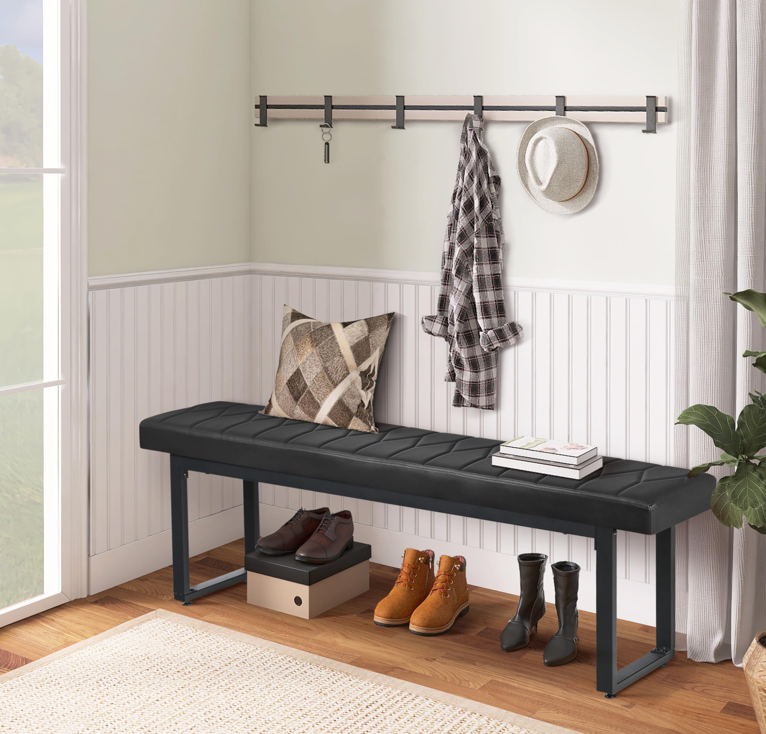 Set of 2 Padded 58" Dining Benches, Faux Leather Extra Long Cushioned Seats for 6–8 People, Entryway, Bedside, Dining Room, Black