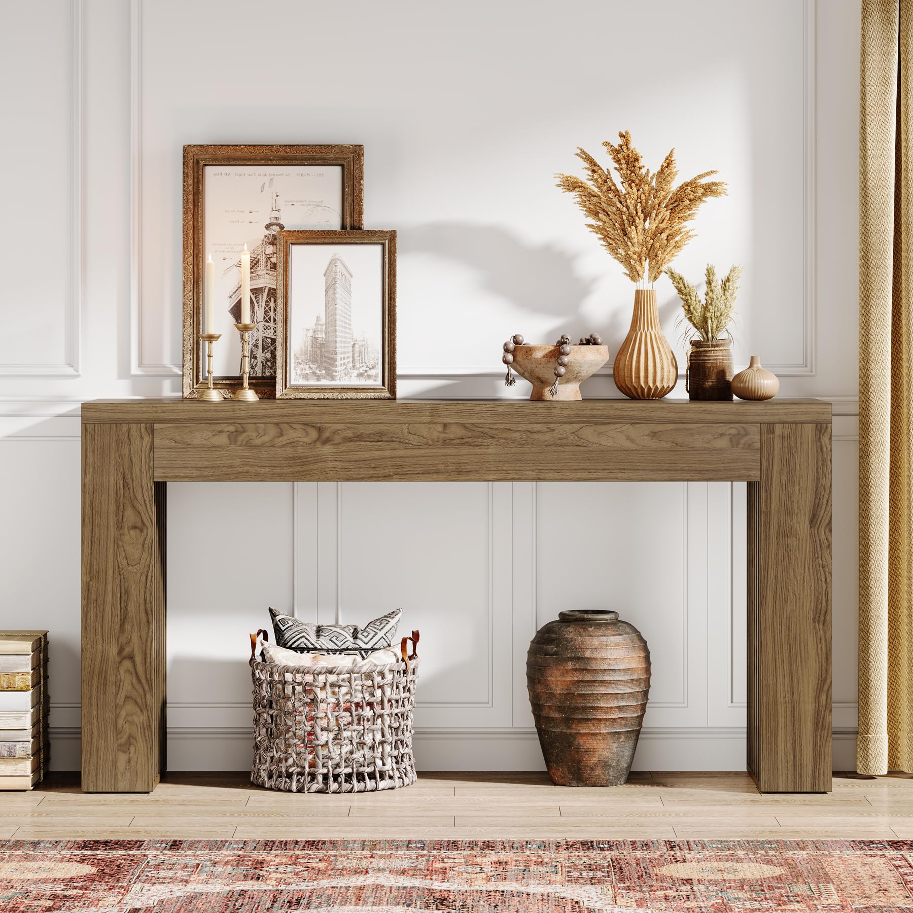 59-Inch Long Wooden Console Sofa Table Behind Couch with Vertical Slat Legs, Entryway Table for Hallway, Entrance, Living Room, Rustic Brown