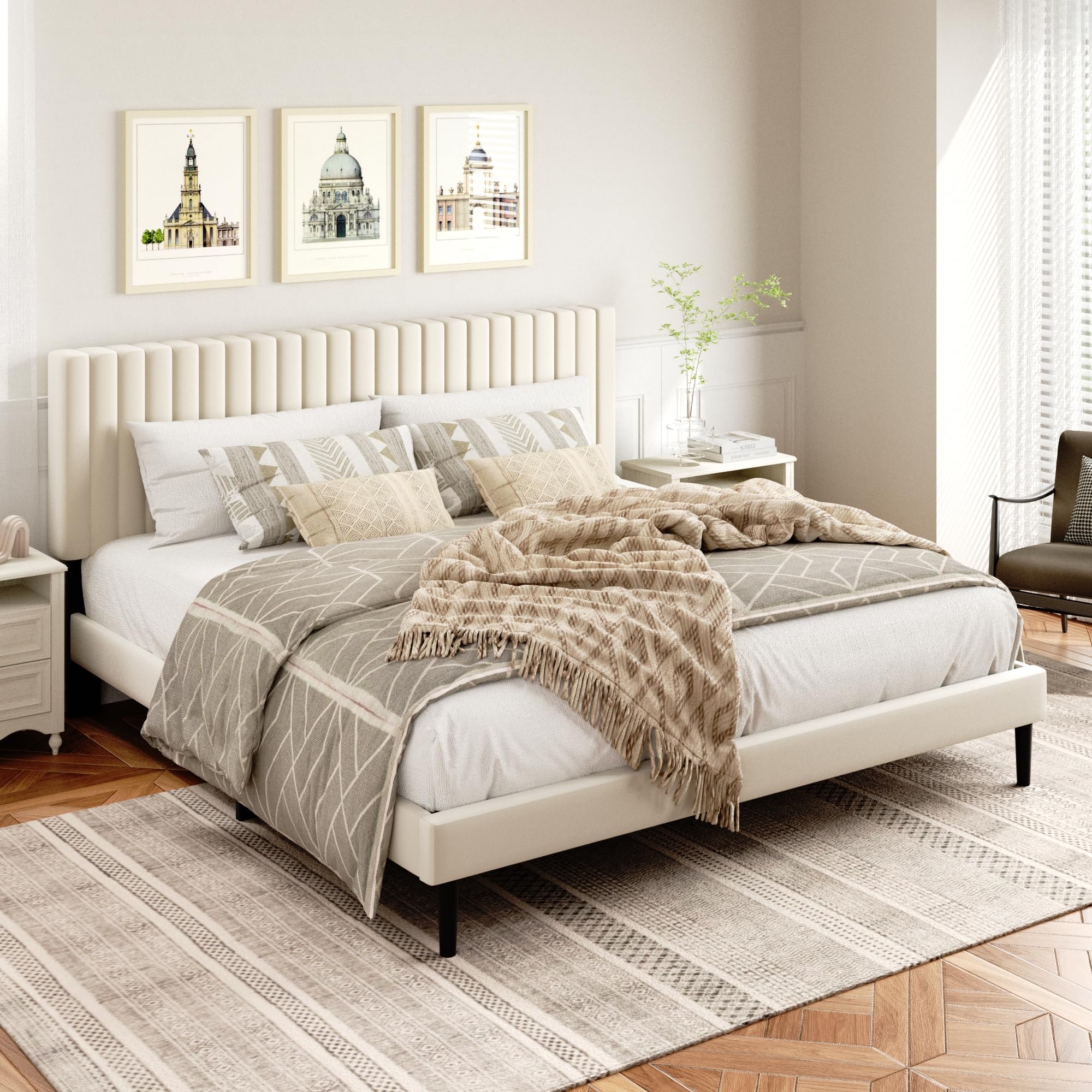 King Size Bed Frame,King Size Platform Bed Frame and Velvet Upholstered Headboard with Strong Wood Slats, Box Spring Optional, ,  Beige