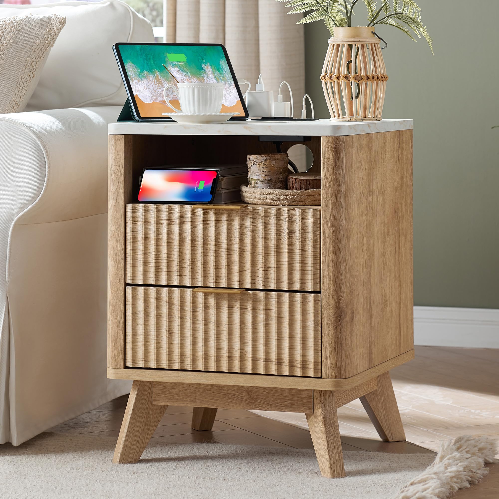 Set of 2 Fluted Nightstands with Charging Station, 18" Side Table with Faux Marble Top, 2-Drawer Bedside Table, Natural Oak Finish