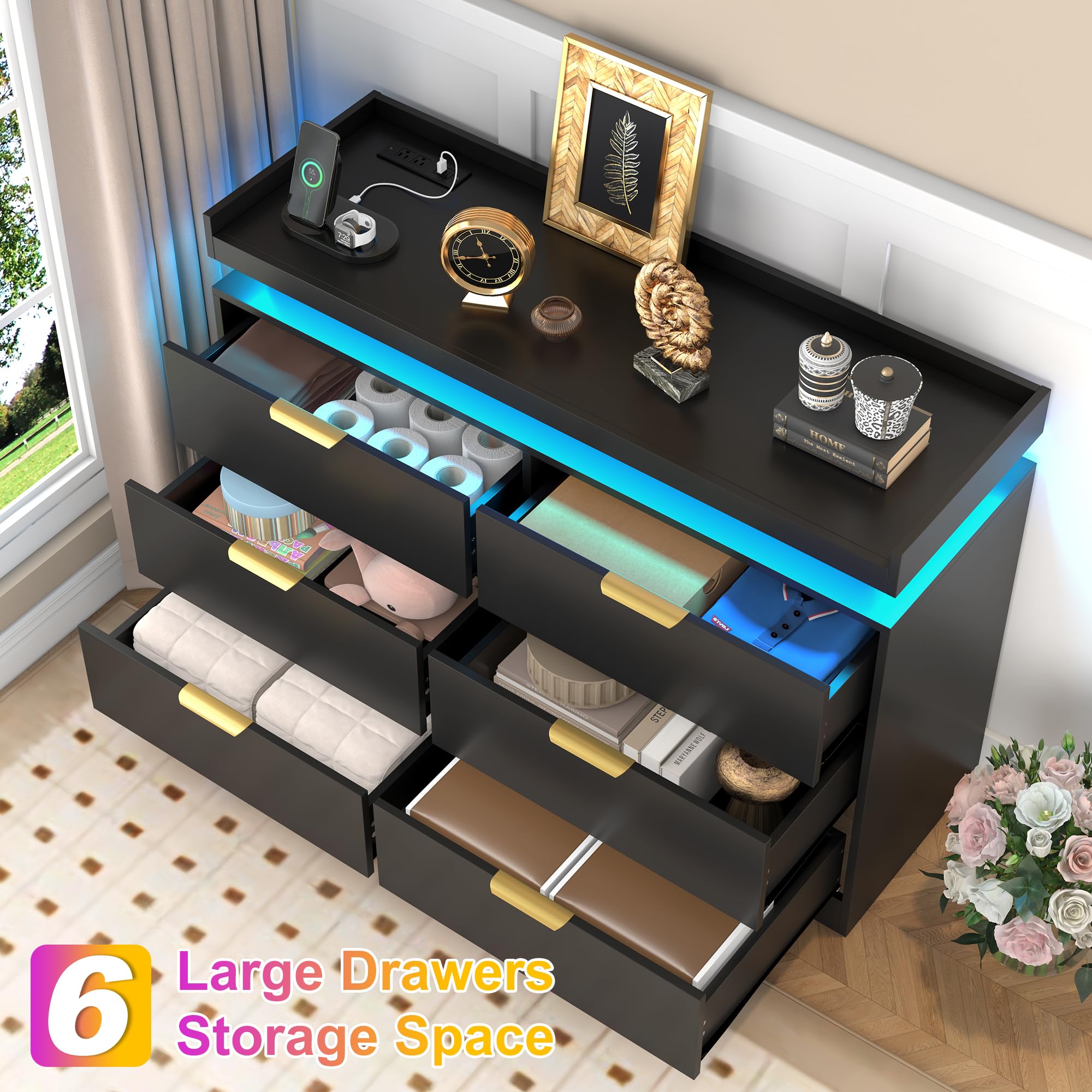 6-Drawer Black Dresser with LED Lights & Power Outlet, Modern Chest of Drawers for Bedroom, Closet, Living Room, Entryway, Hallway