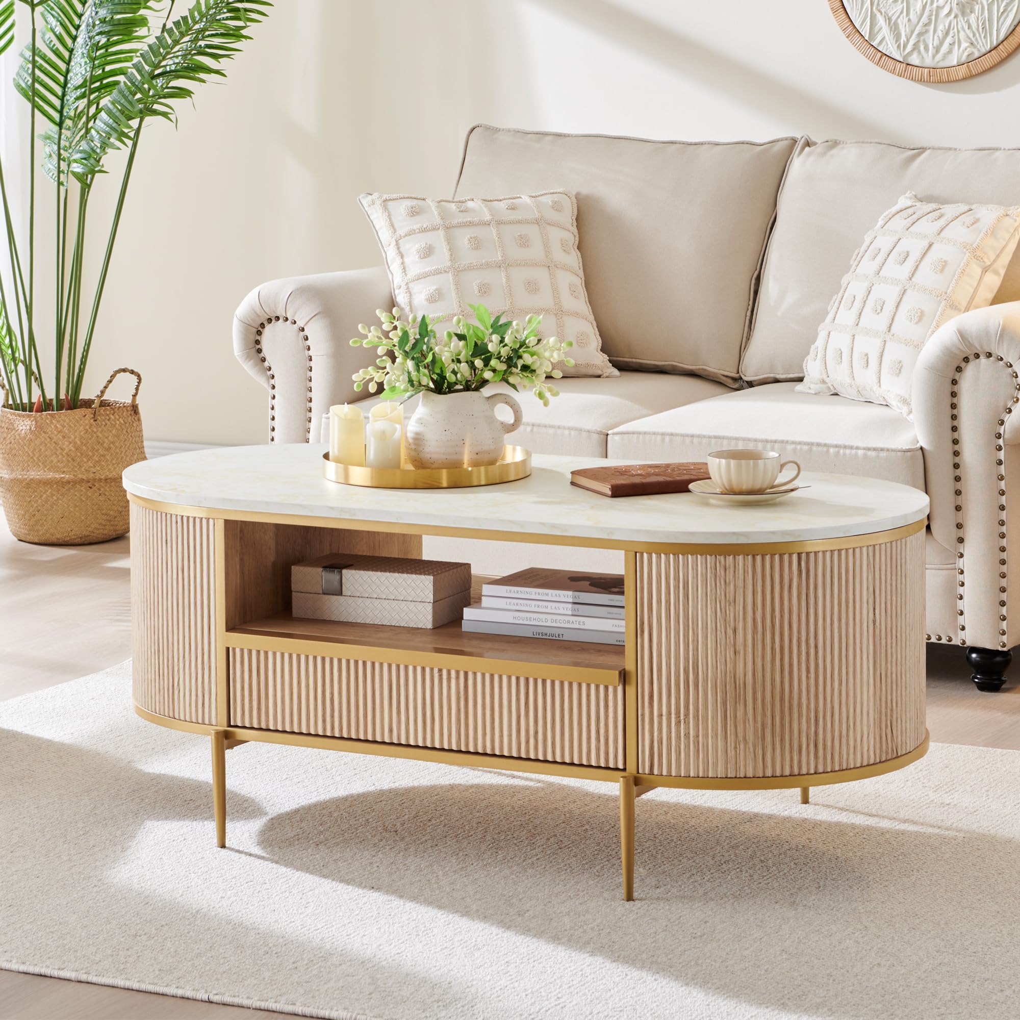 8" Modern Luxury Fluted Oval Coffee Table with Drawer, Faux Marble Top, Gold Metal Accent, Center Table for Living Room, Natural Oak