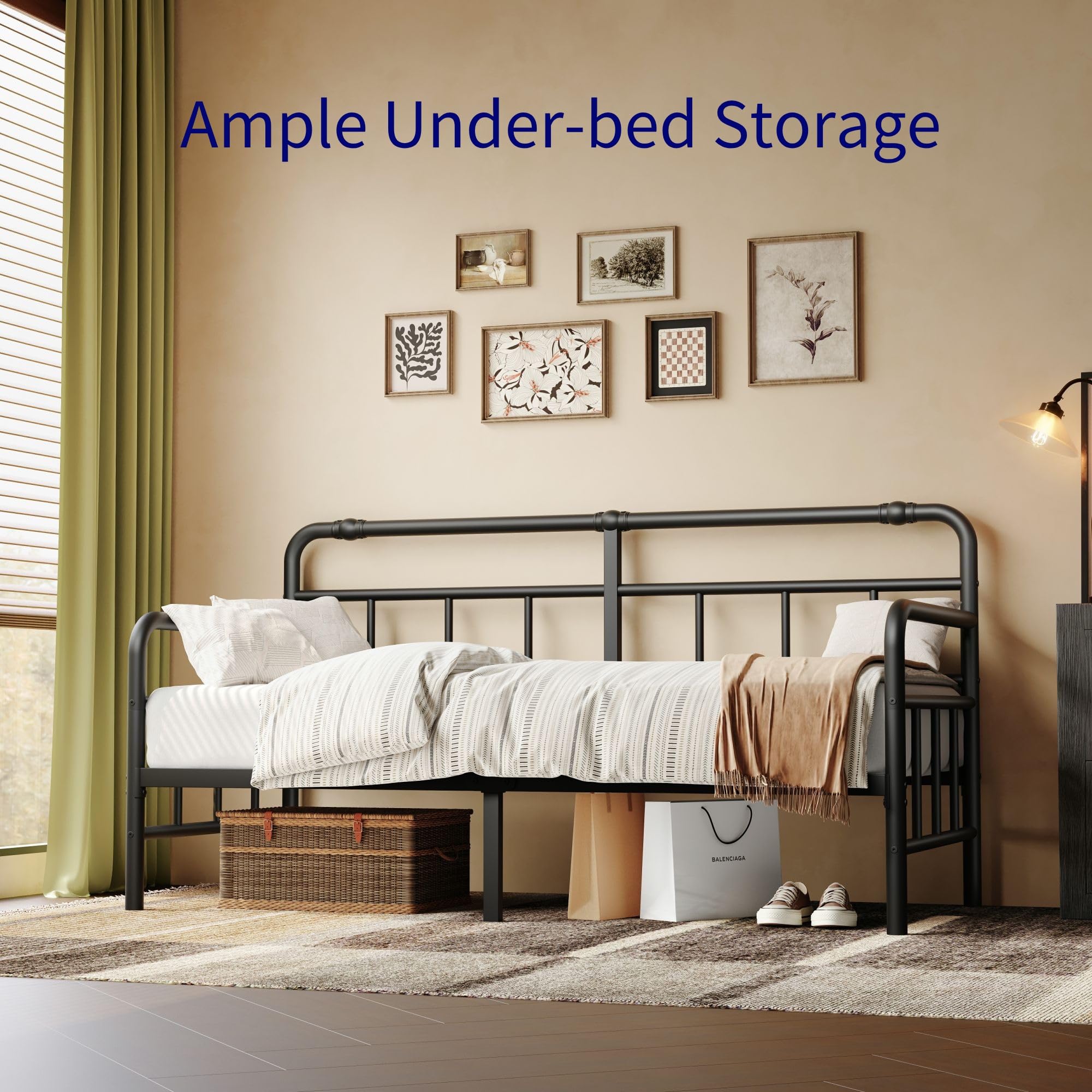 Twin Daybed Frame with Classic Headboard, Heavy-Duty Metal Sofa Bed with Steel Slats for Bedroom, Guest Room, Black