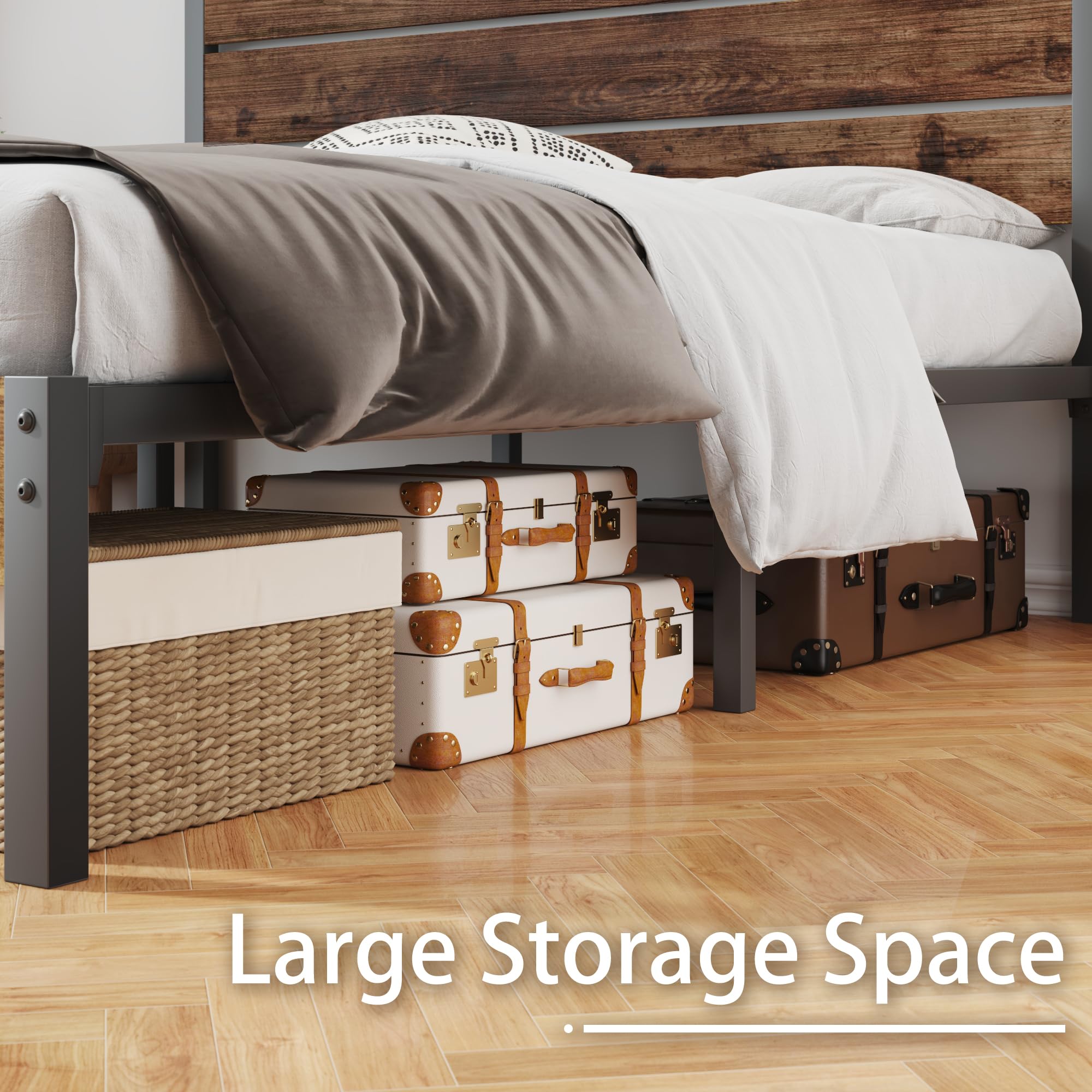 Full Bed Frame with Headboard and Footboard, Metal Full Bed Frame with Under Bed Storage, All-Metal Support System, , ,Rustic Brown