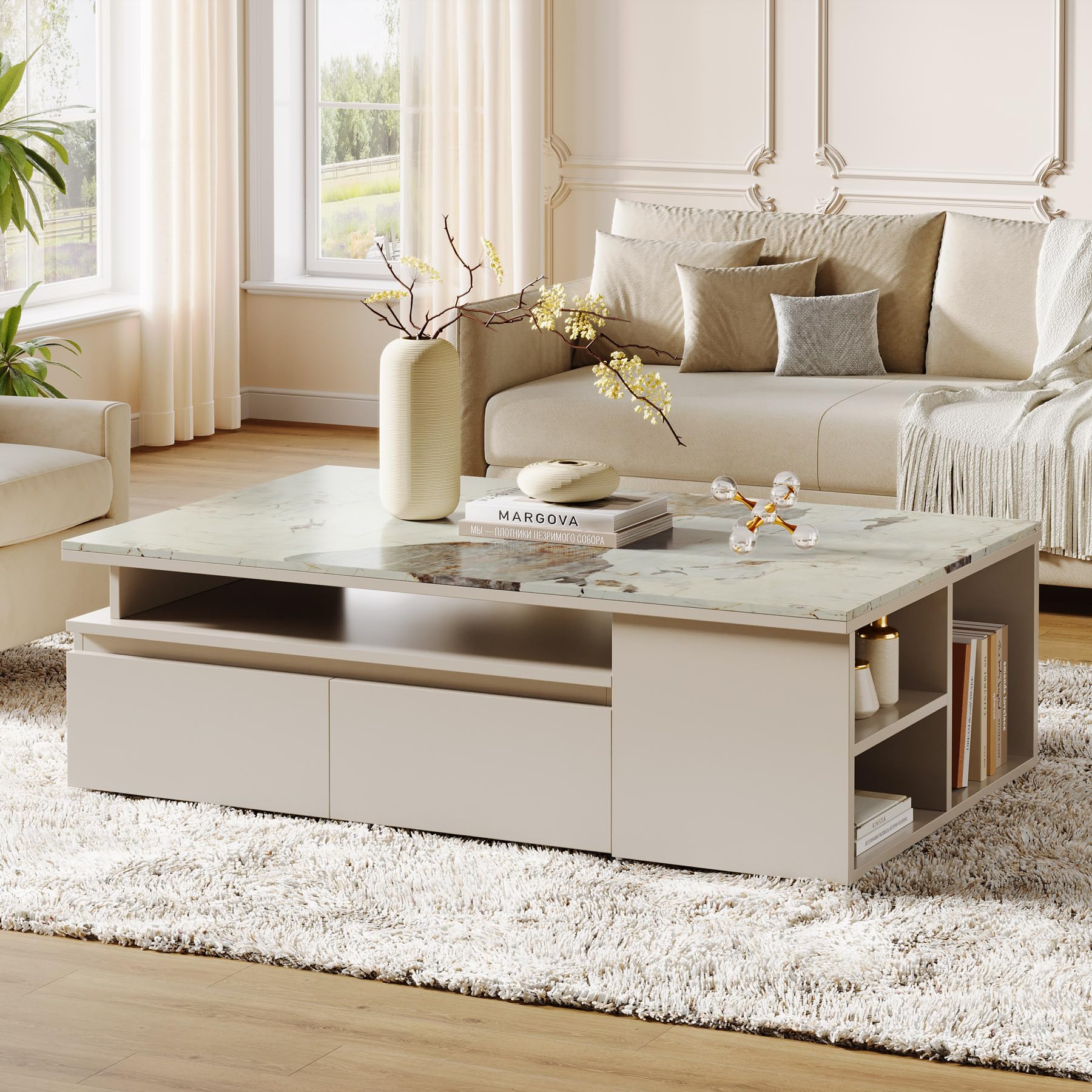 Extendable Tabletop Coffee Table with 4 Drawers & Storage Shelf, Modern from 51-Inch to 71-Inch Center Table for Living Room, Faux Marble Veneer
