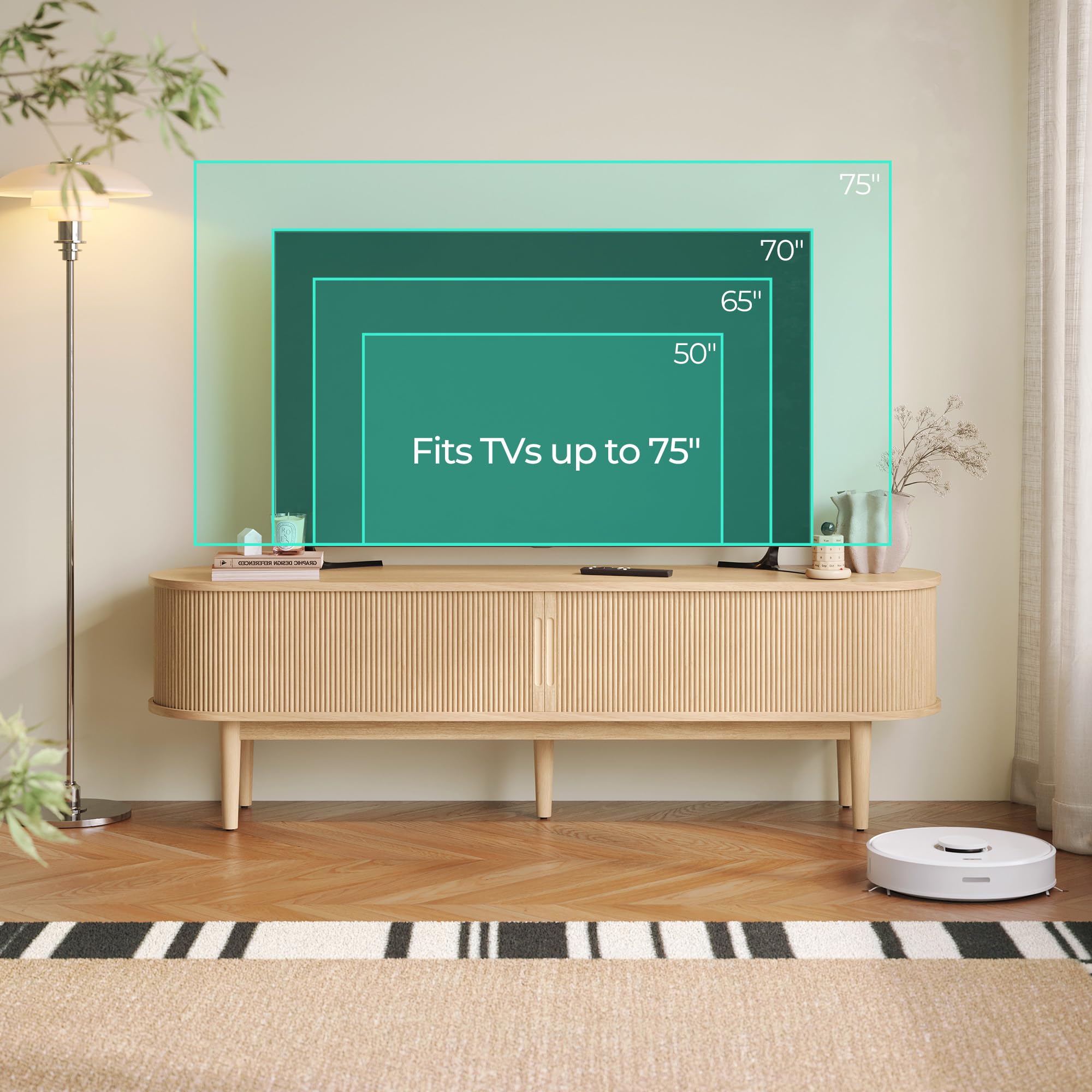 Fluted TV Stand for 75" TV, Mid-Century Modern 70" Entertainment Center with Sliding Tambour Door & Storage Cabinet, Curved Media Console, Oak