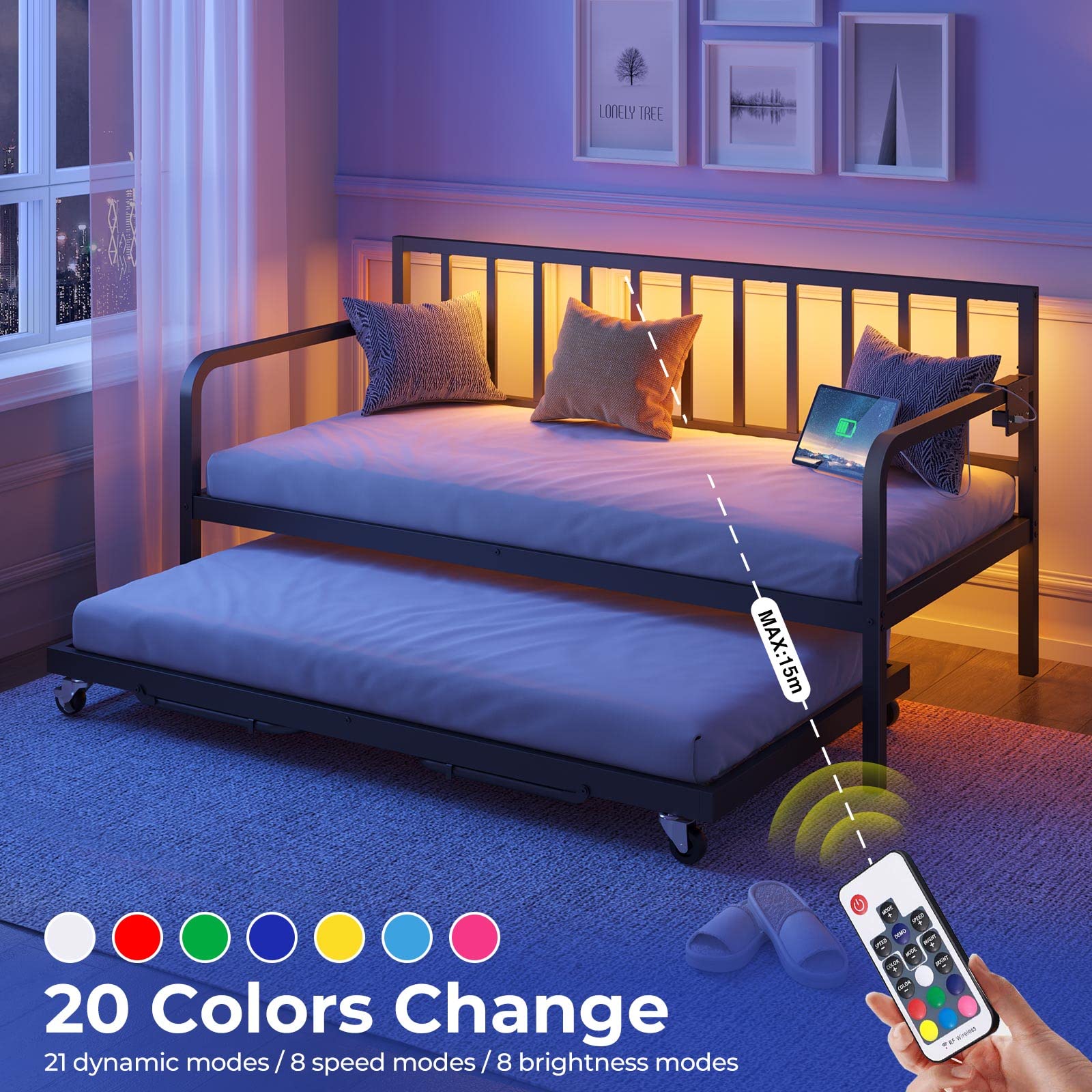 Twin Daybed with Trundle, Charging Station & LED Lights, Height Adjustable Metal Frame with Steel Slats for Bedroom, Black