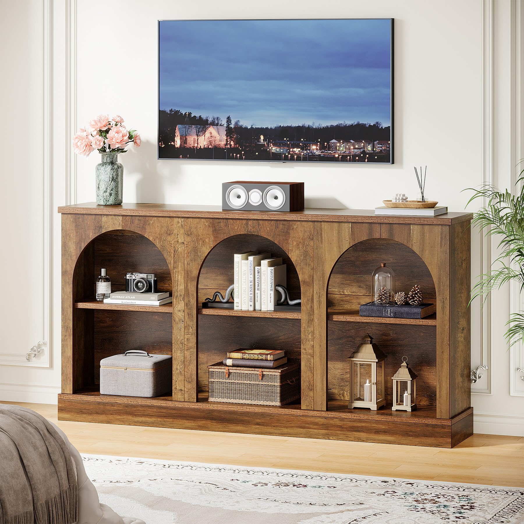 TV Consoles for Living Room, Television Stand for 55/60/65 Inch TV, Farmhouse Media Entertainment Center Stand with Storage Cabinets, Rustic Brown