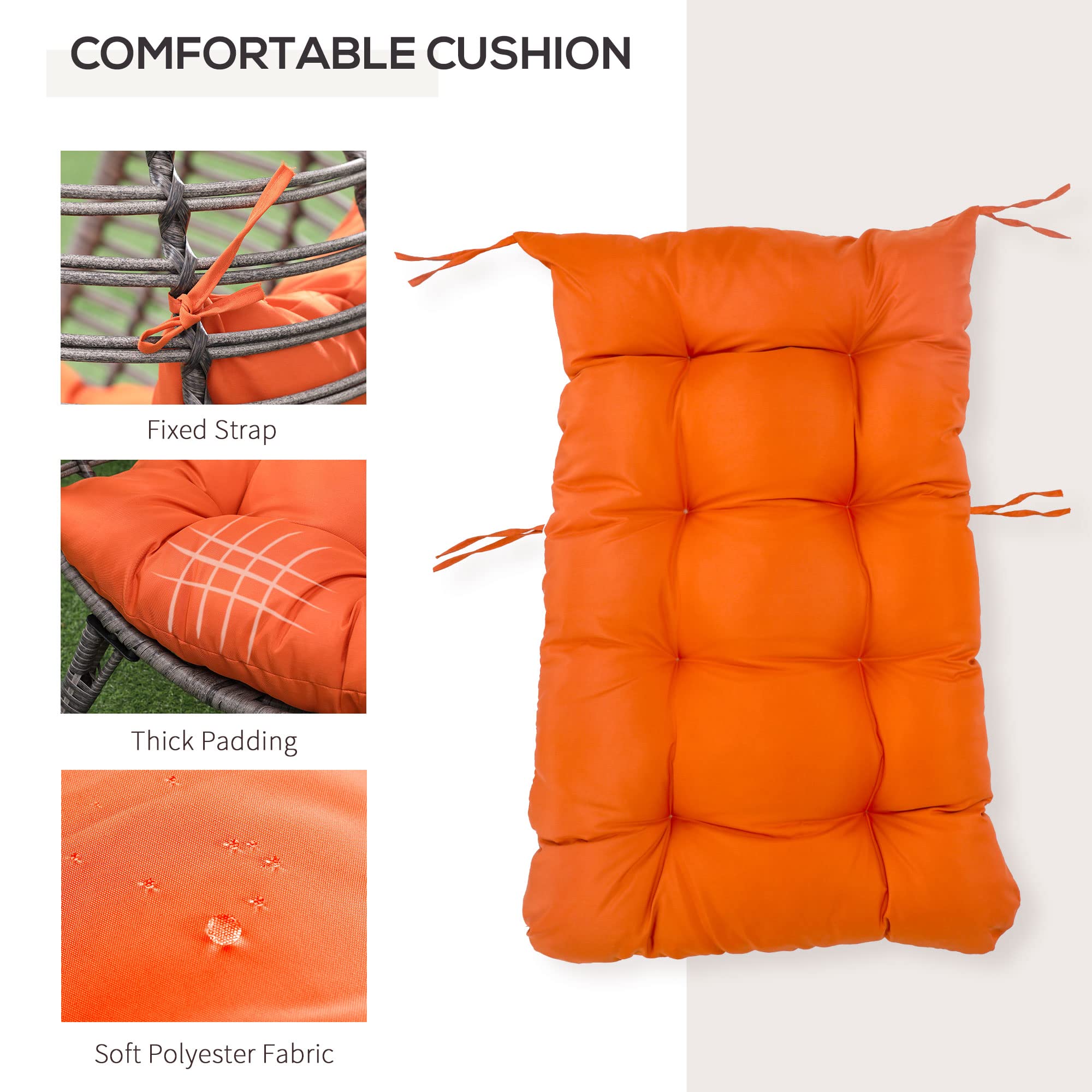Patio Wicker Egg Chair with Soft Cushion, Teardrop Cuddle Seat, Indoor/Outdoor Rattan Chair with Adjustable Feet Pads, Orange