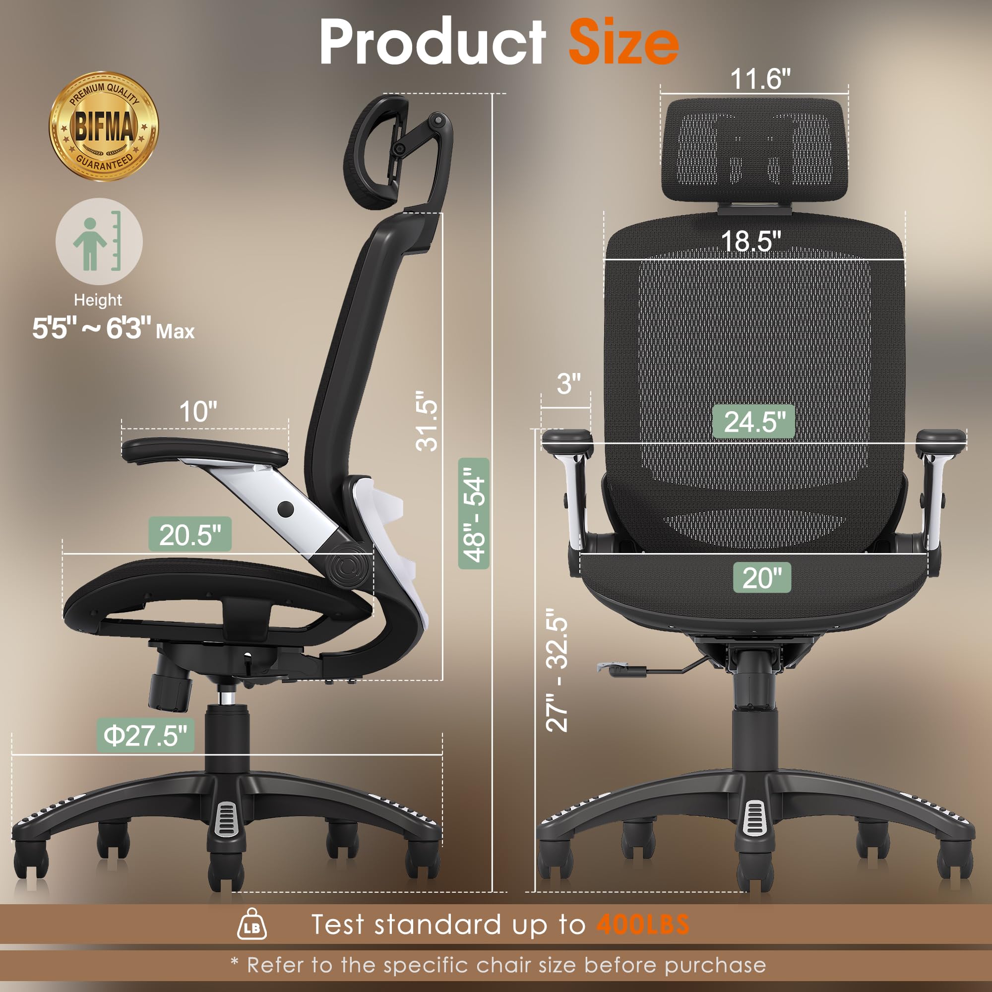Ergonomic Office Chair, High Back Desk Chair with Headrest, Flip-Up Arms, Tilt Lock, Wide Cushion, Big & Tall Mesh Task Chair, Black