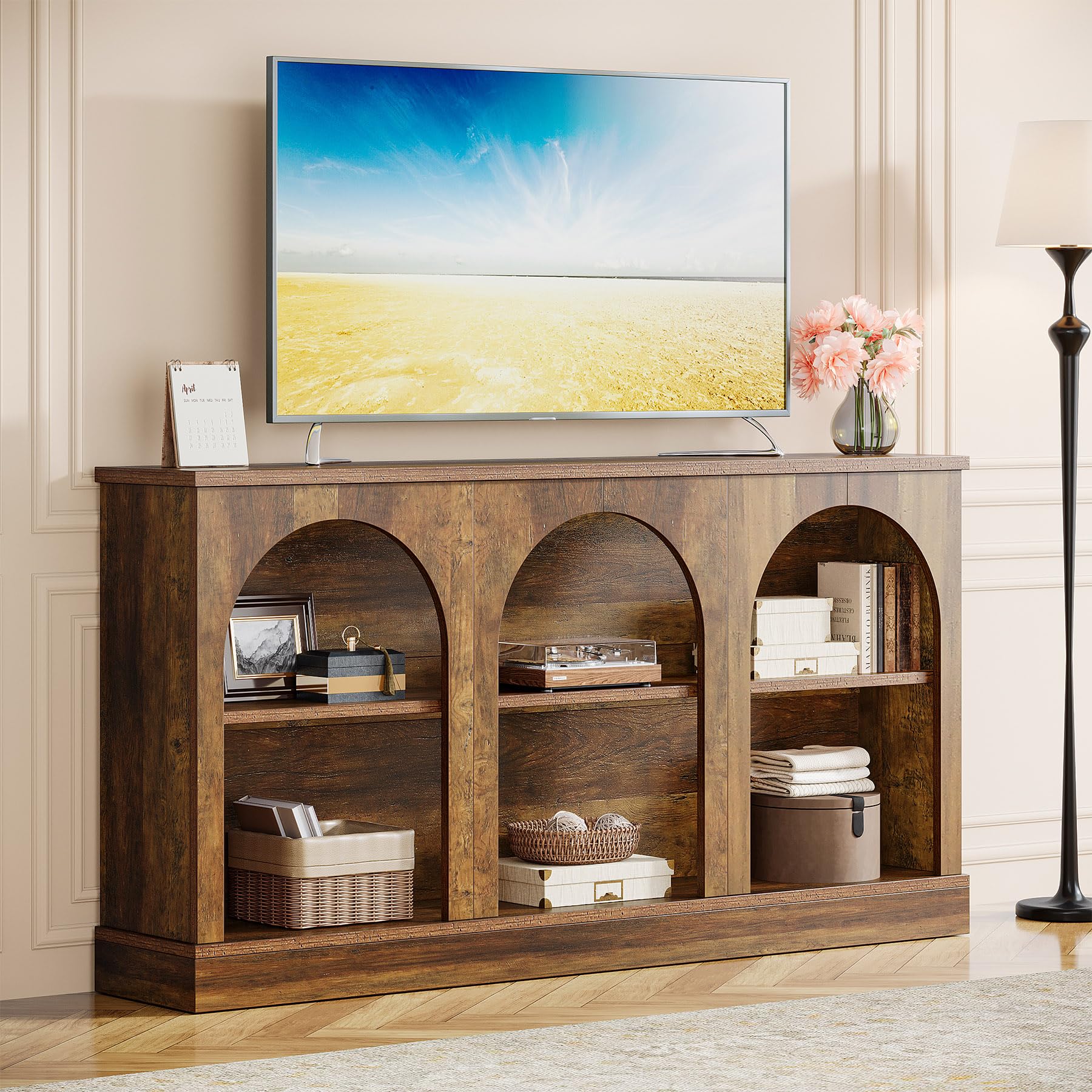 TV Consoles for Living Room, Television Stand for 55/60/65 Inch TV, Farmhouse Media Entertainment Center Stand with Storage Cabinets, Rustic Brown