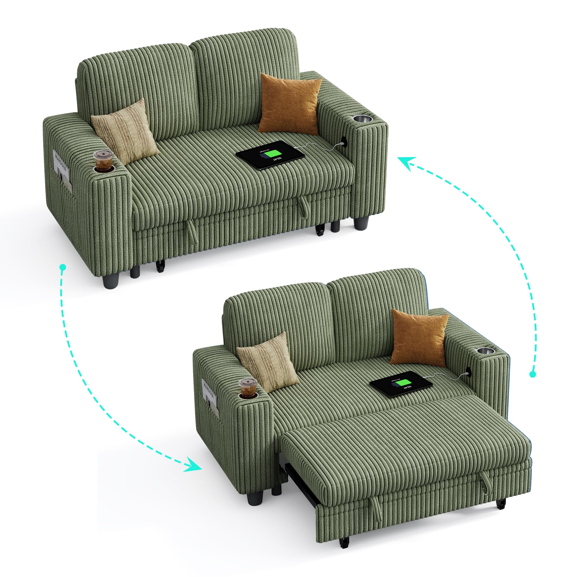 2-in-1 Loveseat Sofa with Pull-Out Chaise, USB Charging & Cup Holders, Plush Corduroy Convertible 2-Seater for Small Spaces, Green