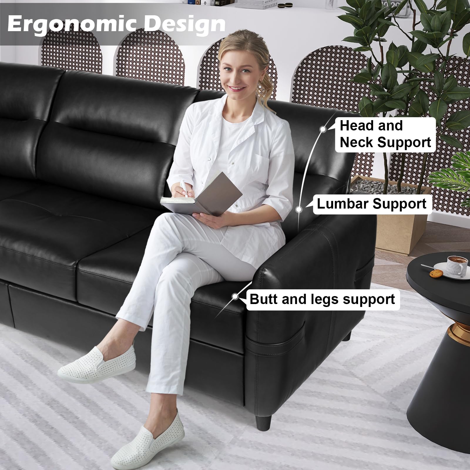 85” Black Faux Leather Couch with USB, 3 Seater Sofa Couches for Living Room, Large Mid Century Modern Office Apartment Couch (Black)