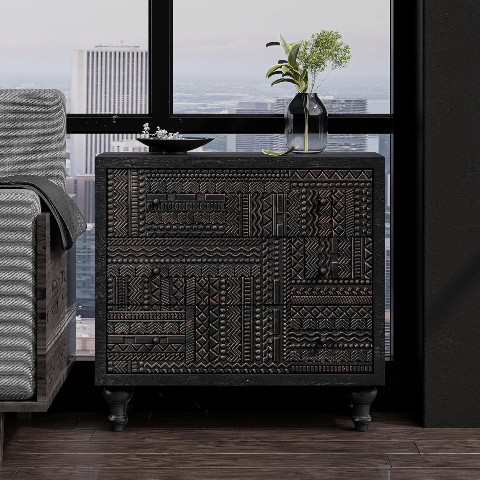 3-Drawer Farmhouse Dresser with Geometric Carved Design, Vintage Wood Storage Chest for Bedroom, Living Room, Boho Style, Black, Assembled