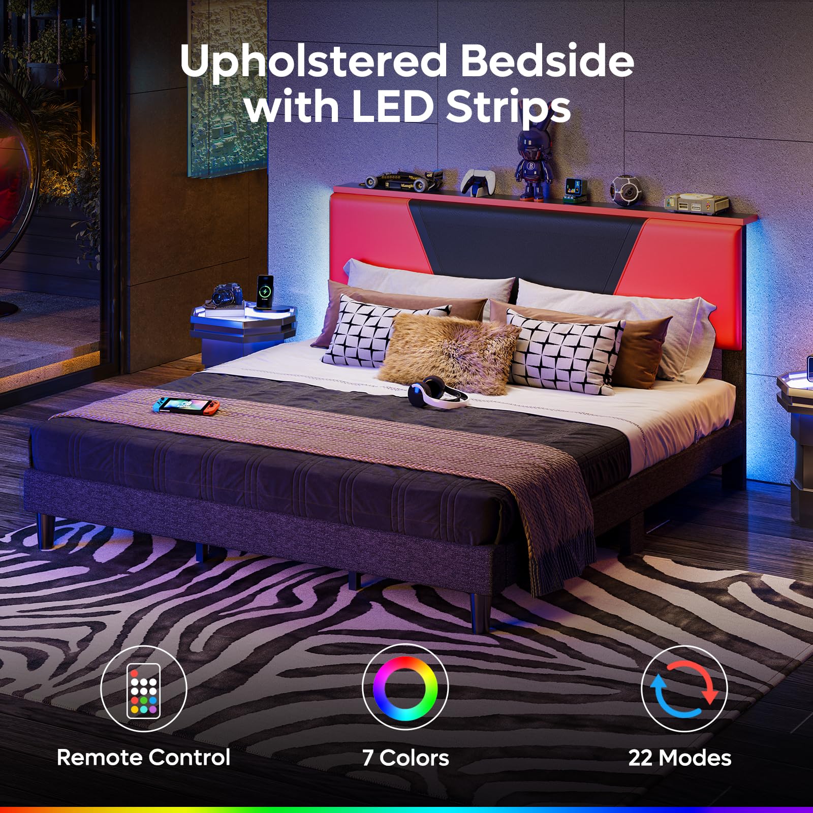 Full Size LED Bed Frame with Adjustable Headboard, Faux Leather Gaming Bed with Storage Shelf, Noise-Free Slats, Black-Red