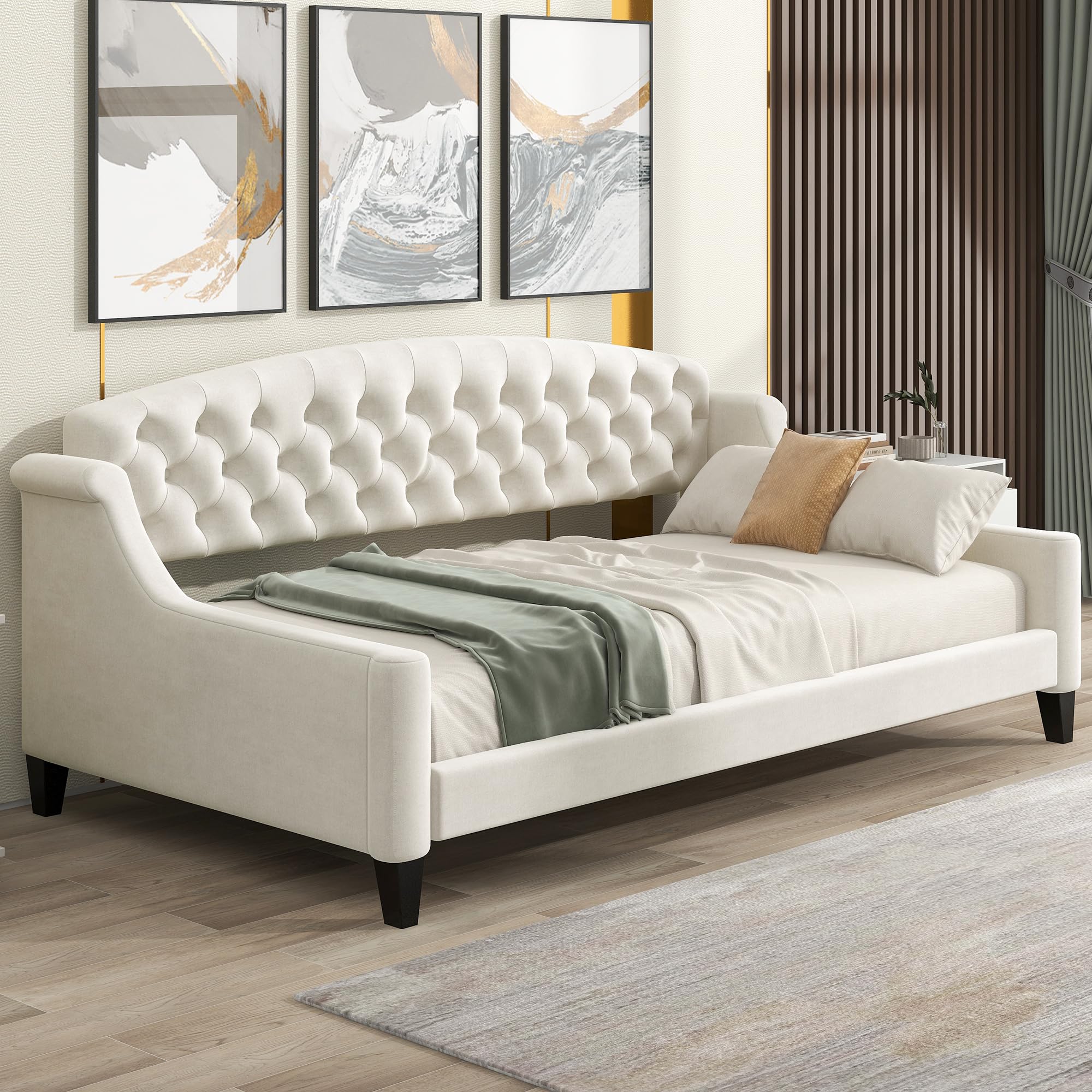 Twin Size Upholstered Daybed, Luxury Tufted Button Sofa Bed Frame for Bedroom & Living Room, Elegant Twin Daybed, Beige