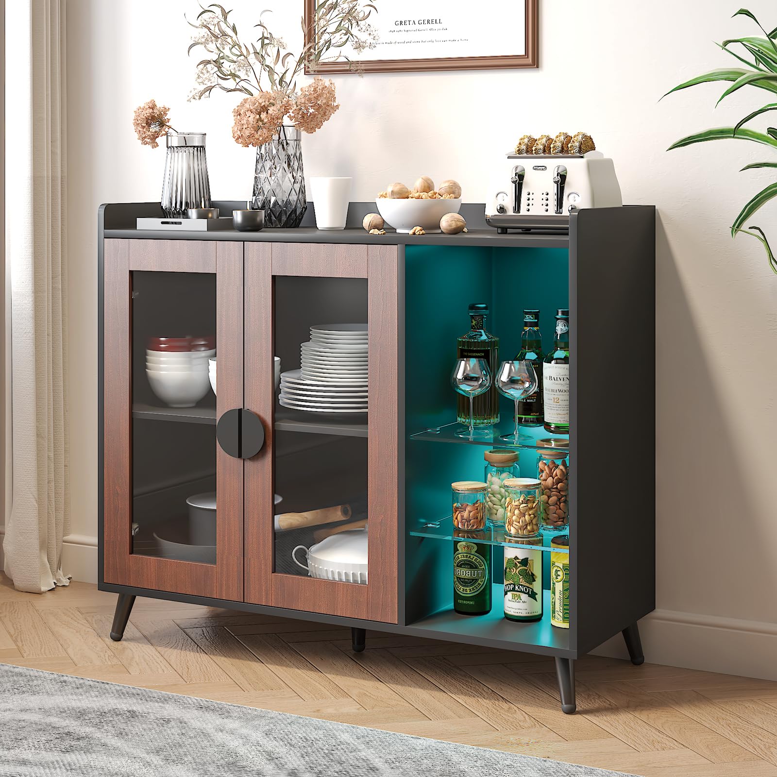 Sideboard Buffet Cabinet with Storage, Modern LED Coffee Bar Buffet Table with Acrylic Doors & Glass Storage Shelves, Sideboard for Kitchen,