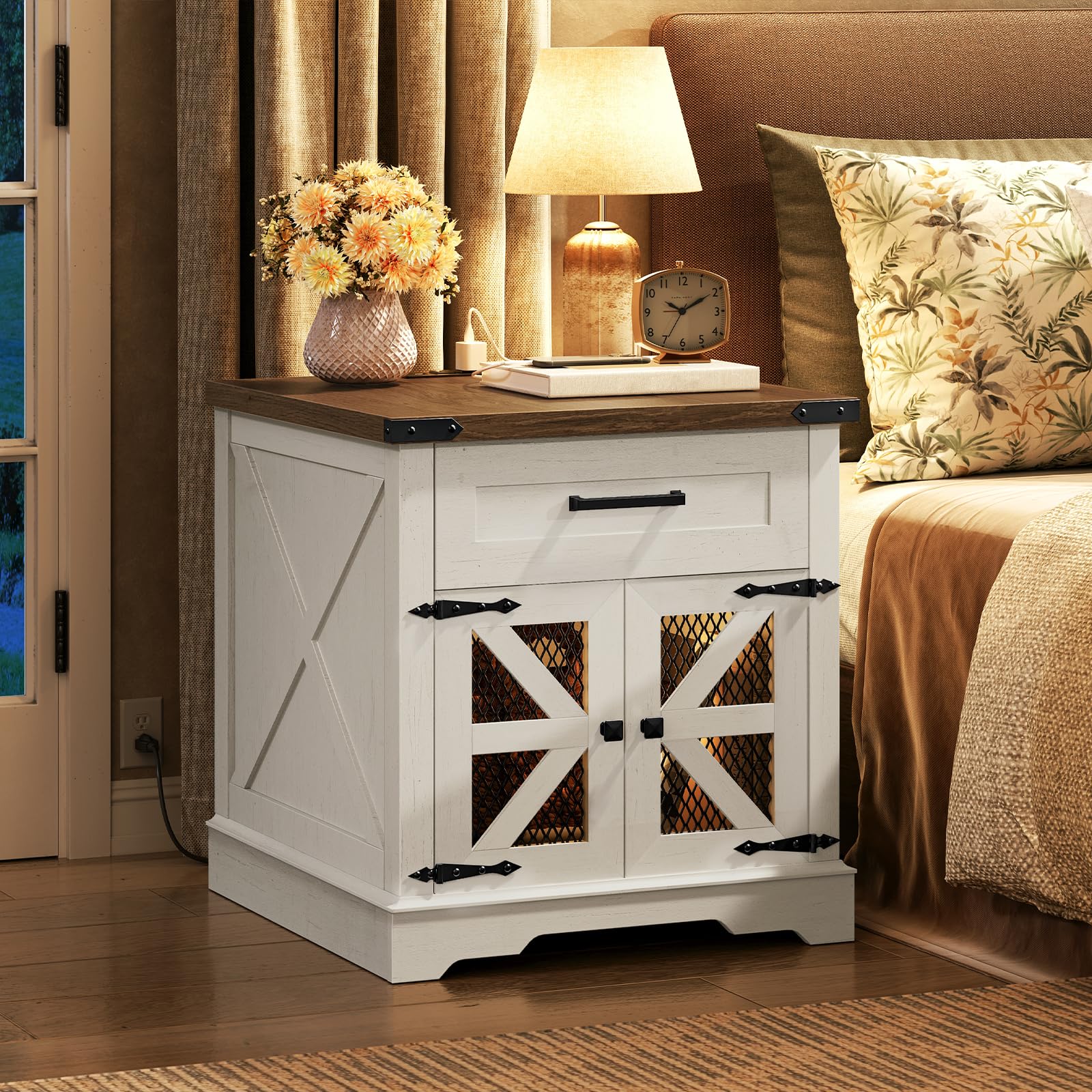 Set of 2 White Farmhouse End Tables, 24" Large Side Tables with Drawer & Charging Station, Square Wooden Nightstands, White & Walnut