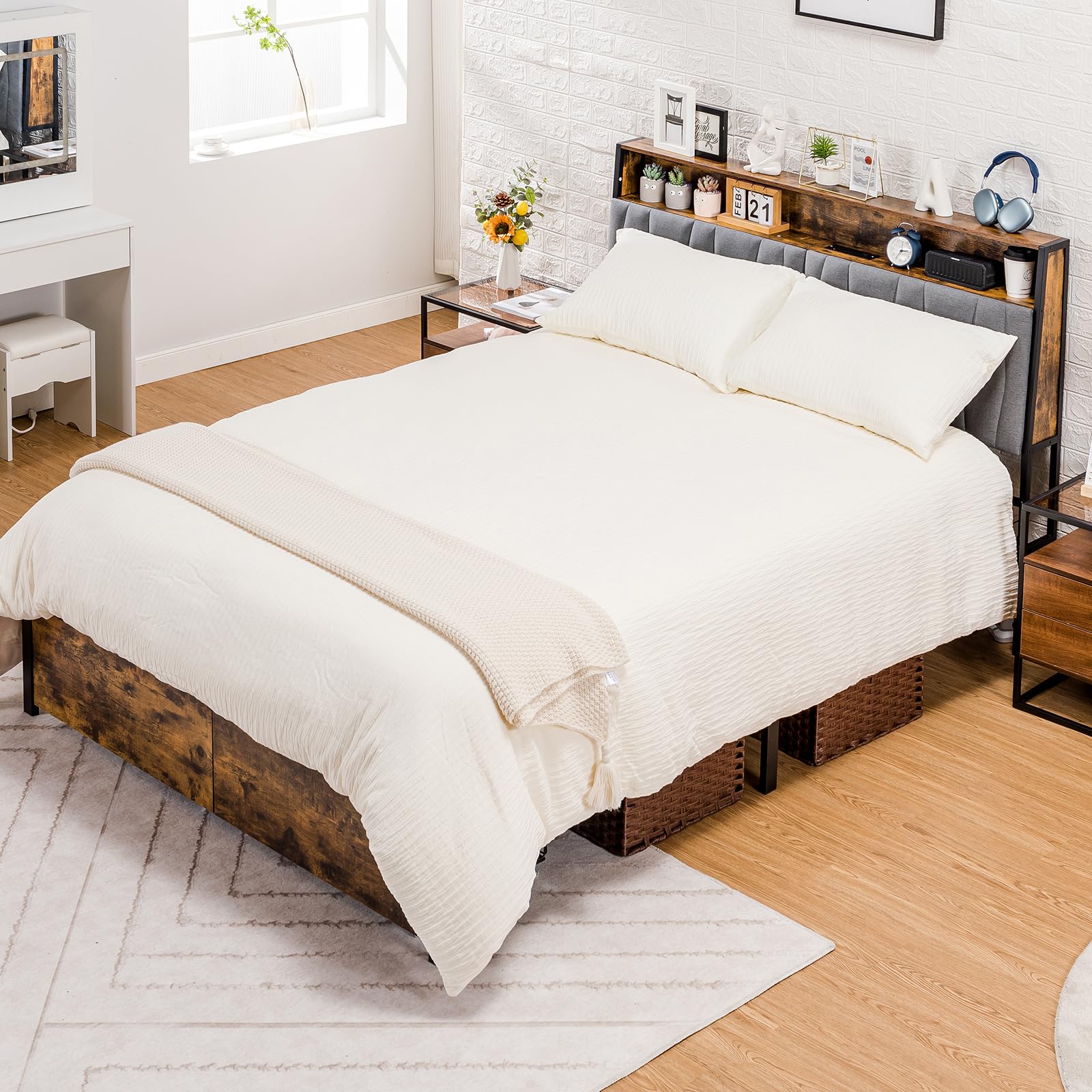 Platform Bed Frame with LED Lights and Charging Station, Storage Headboard and Footboard Drawers, , Rustic Wood Look (Queen)
