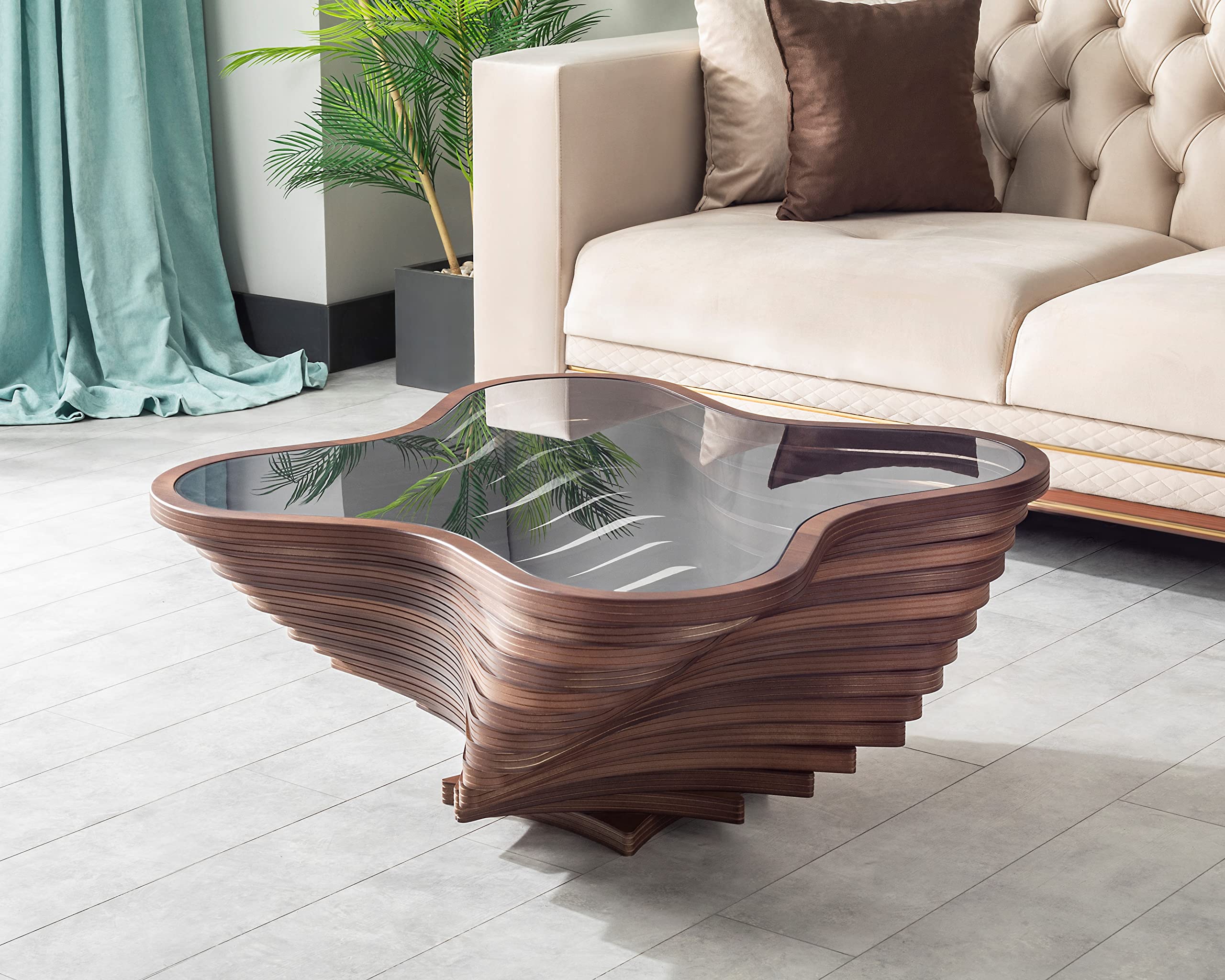 Modern Coffee Table with Tempered Glass Top, Natural Walnut Veneer, Wave Design, Rustic Wood for Living Room, Office, Luxury Decor