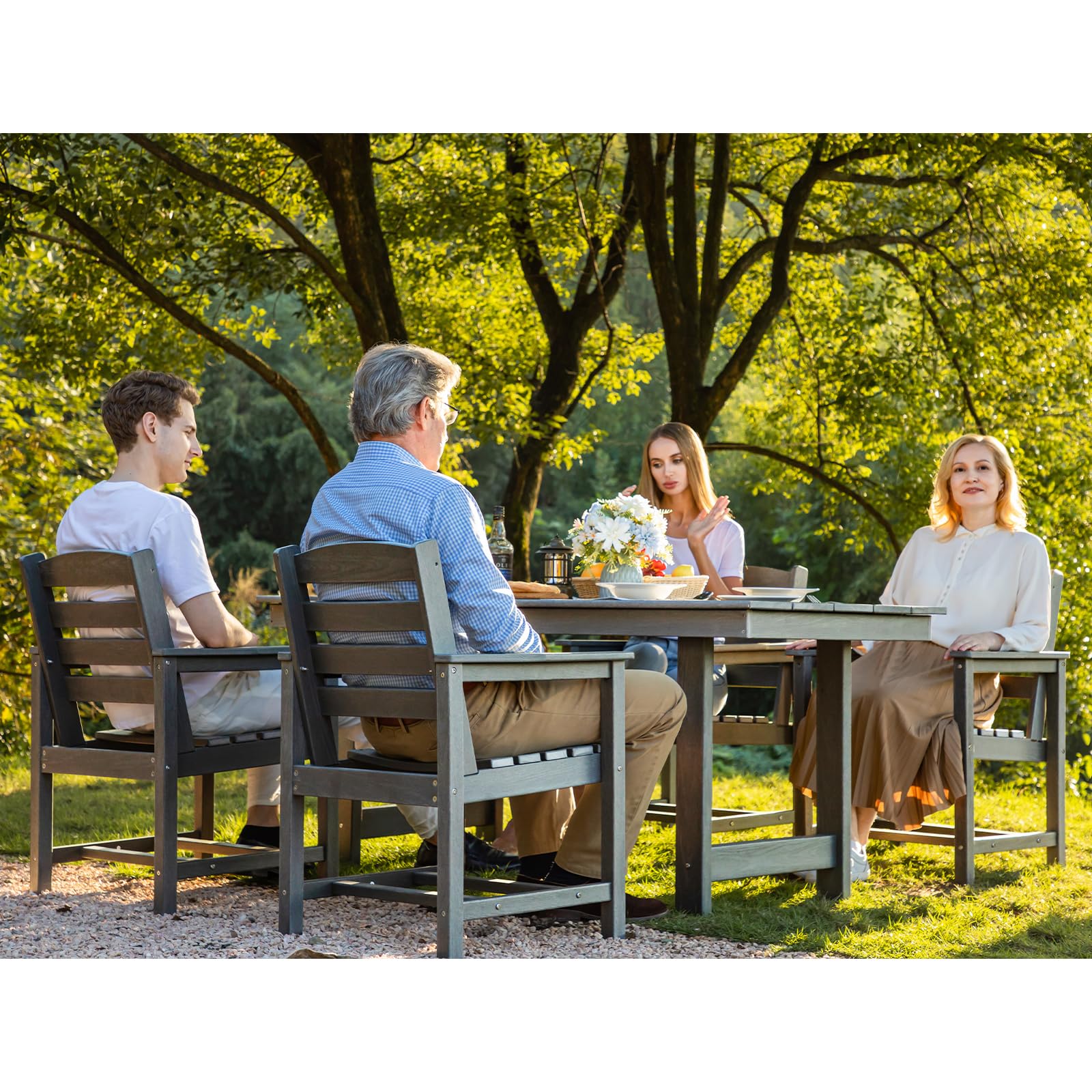 Outdoor HDPE Dining Table Set, 7-Piece Patio Dining Set with Umbrella Hole Table and 6 Chairs, Weather-Resistant, Gray