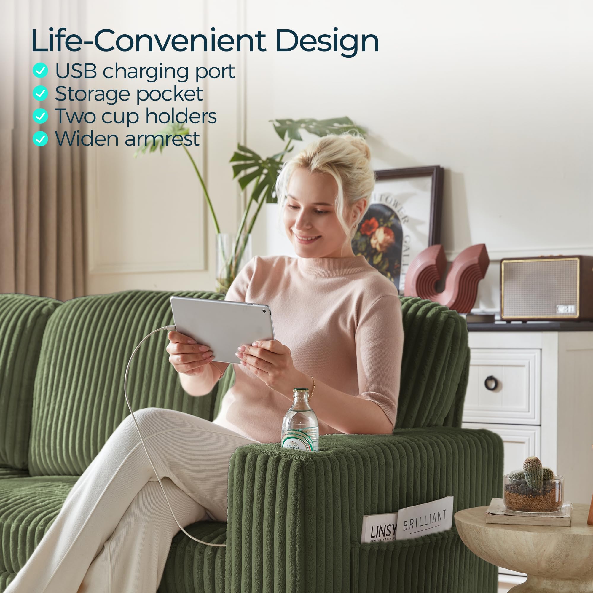 2-in-1 Loveseat Sofa with Pull-Out Chaise, USB Charging & Cup Holders, Plush Corduroy Convertible 2-Seater for Small Spaces, Green