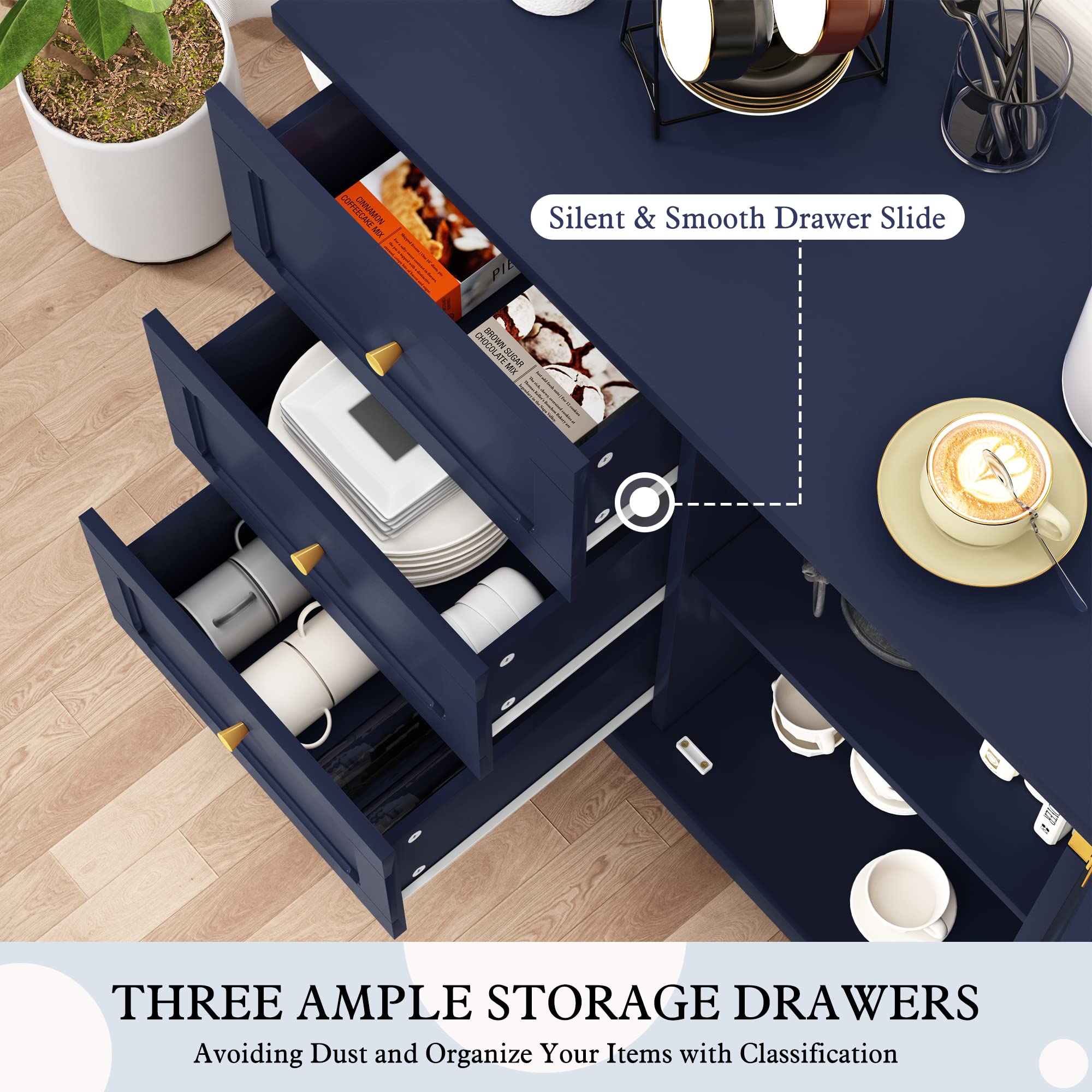 Accent Cabinet with 3 Drawers and Door, Wooden Storage Cabinet with Shelves, Sideboard for Living Room, Entryway, Navy Blue