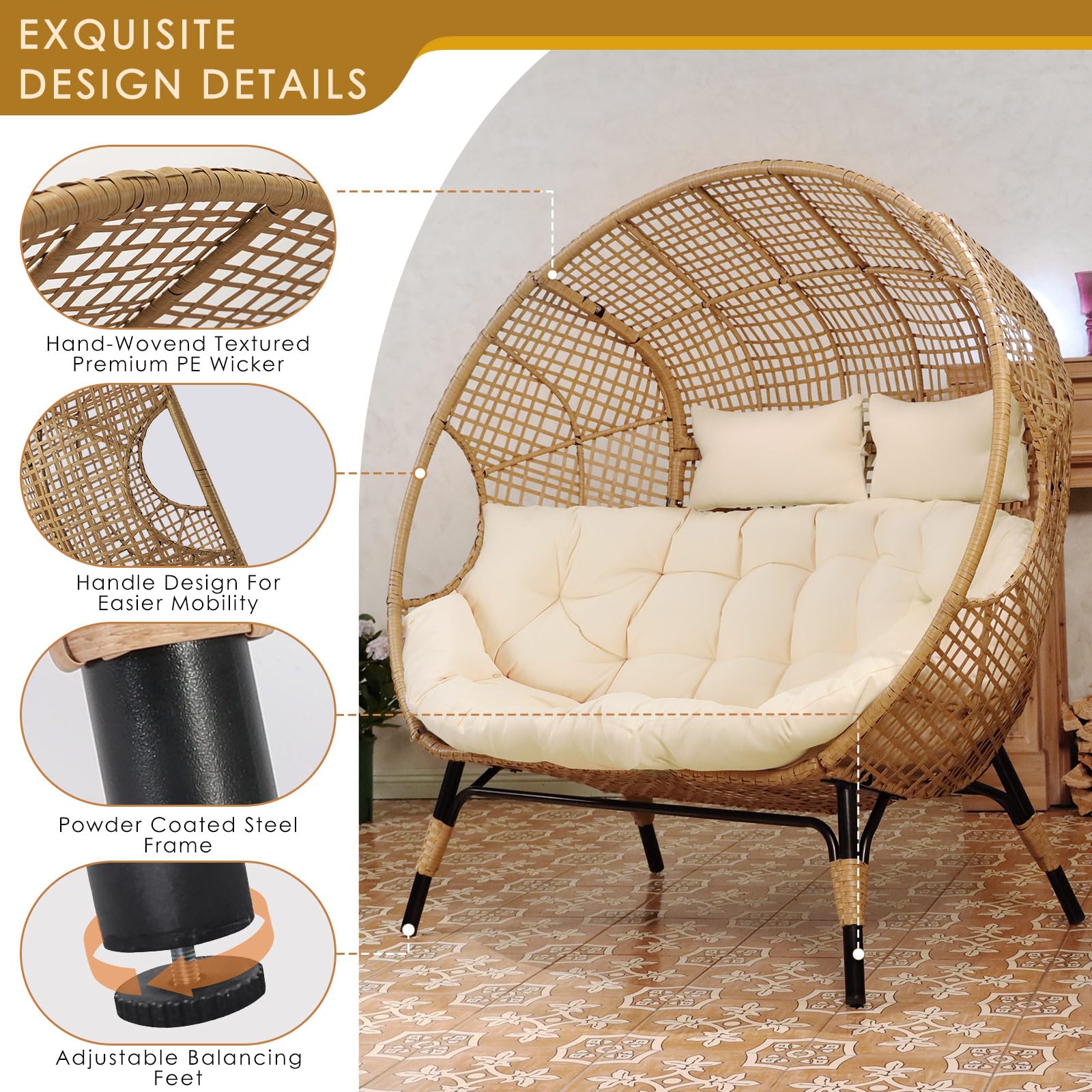 Double Egg Chair for Indoor/Outdoor, 2-Person Oversized Loveseat with Thick Cushions & Cover, 680 lbs Patio Lounge Chair, Beige