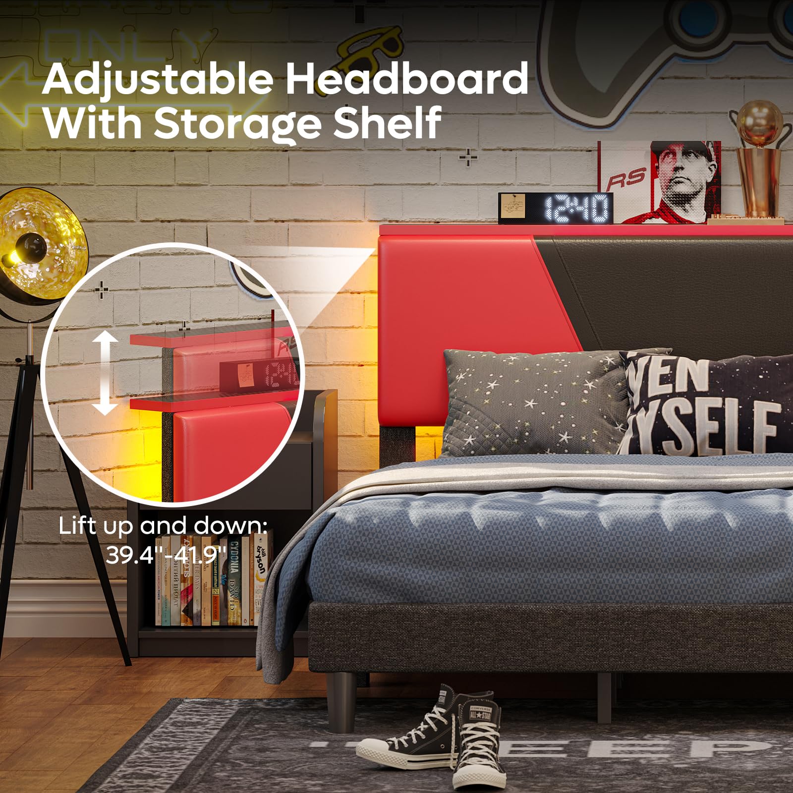Full Size LED Bed Frame with Adjustable Headboard, Faux Leather Gaming Bed with Storage Shelf, Noise-Free Slats, Black-Red