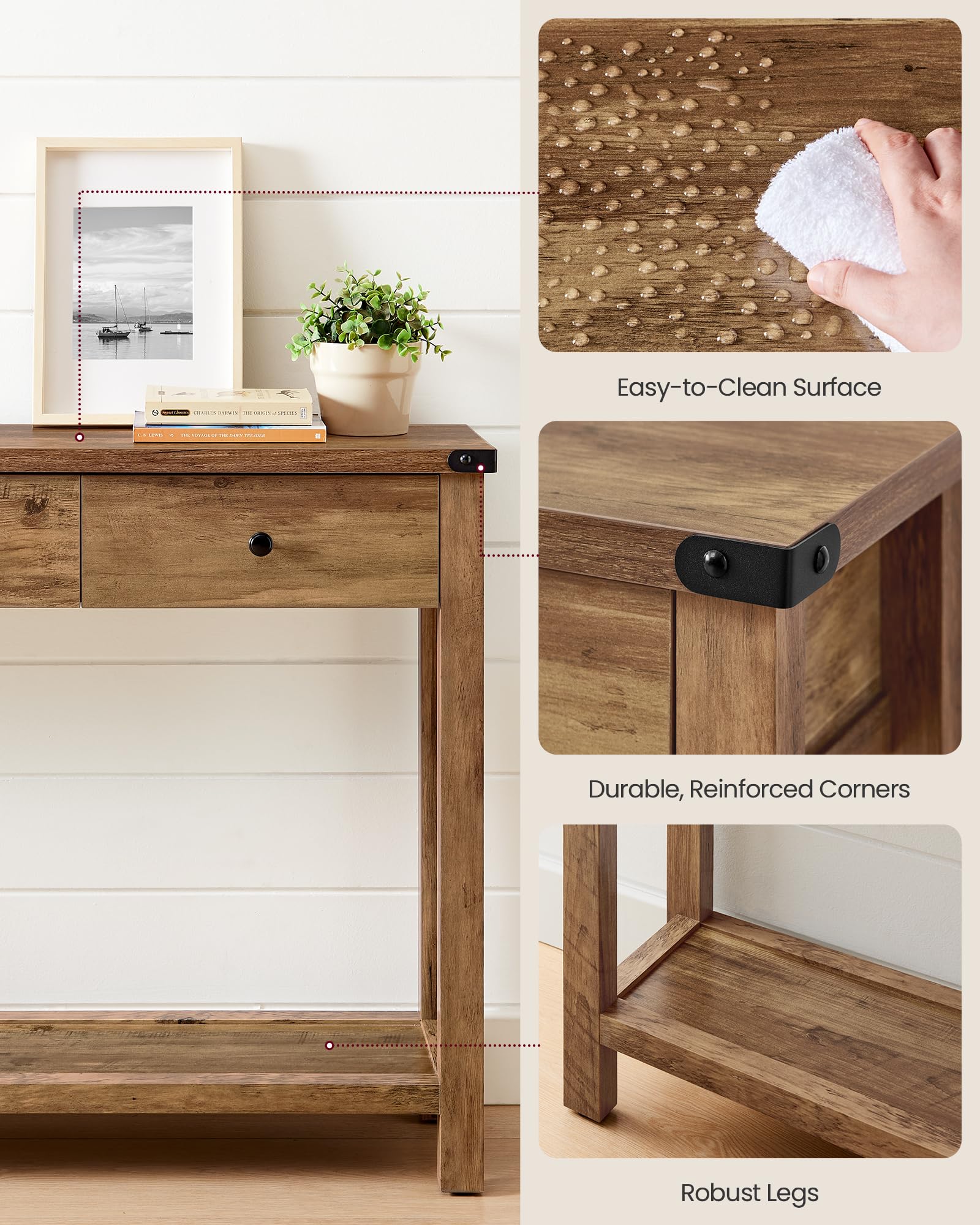Console Sofa Table, Narrow Entryway Table with 3 Drawers, Open Storage Shelf, Metal Corners, for Living Room, Farmhouse Style, Honey Brown ULNT142K41