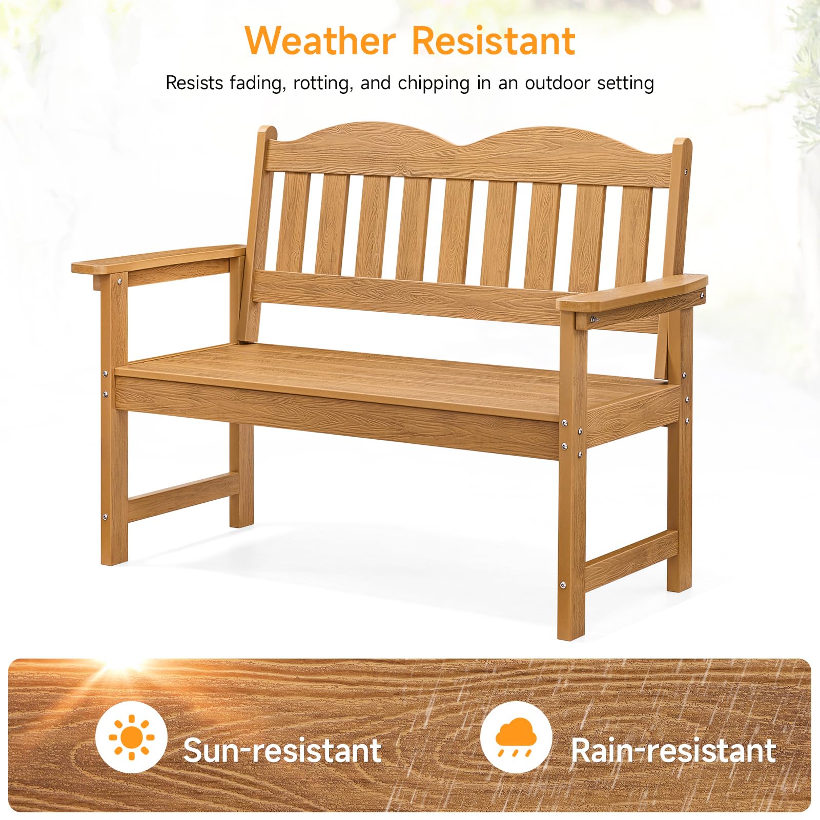 Outdoor Garden Bench, 2-Person Poly Lumber Patio Bench with Armrests, 800 lbs Capacity, All-Weather for Porch, Backyard, Park, Teak