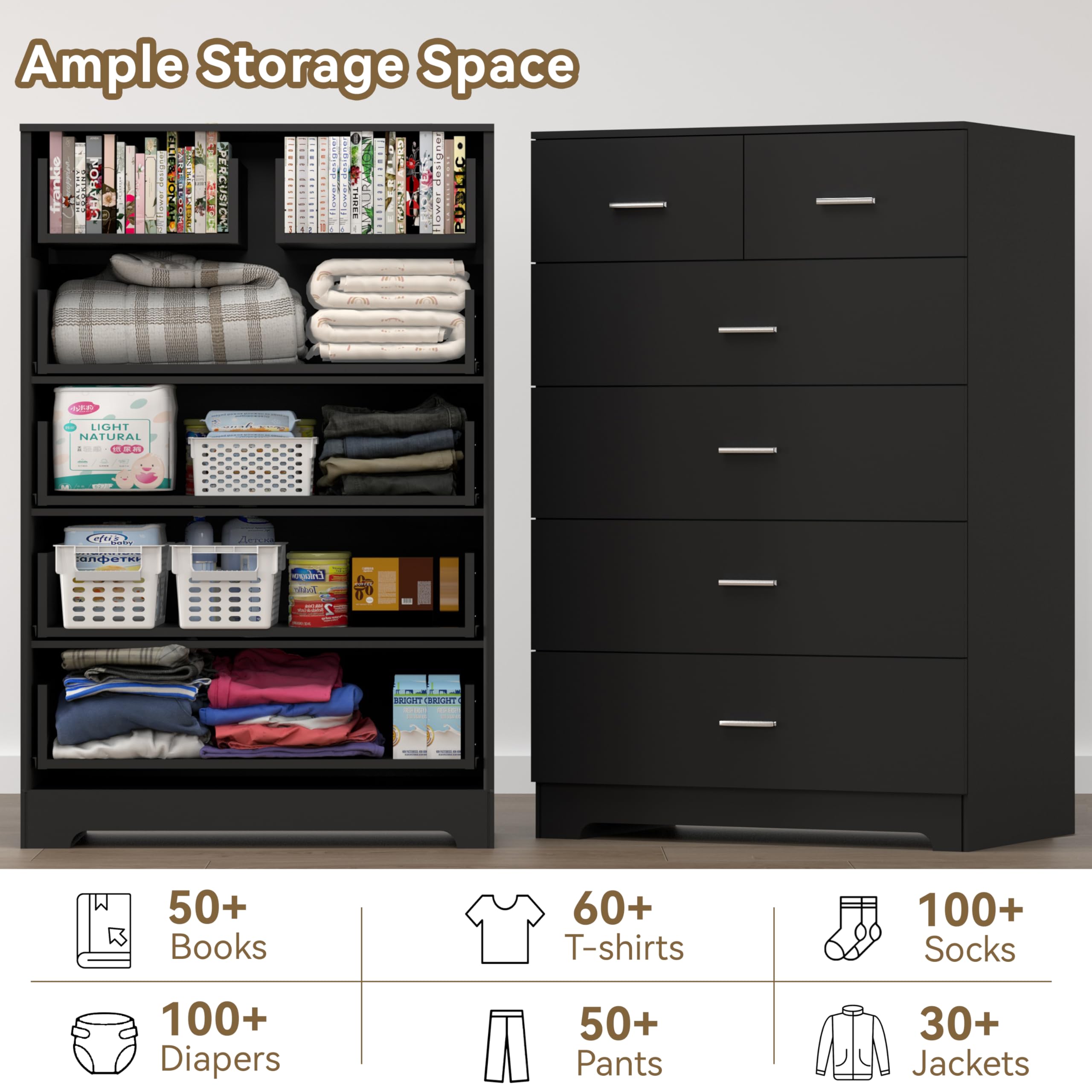 6-Drawer Wooden Dresser with Power Outlets, Black Tall Storage Organizer, Smooth Metal Rails, Modern Chest for Bedroom & Hallway