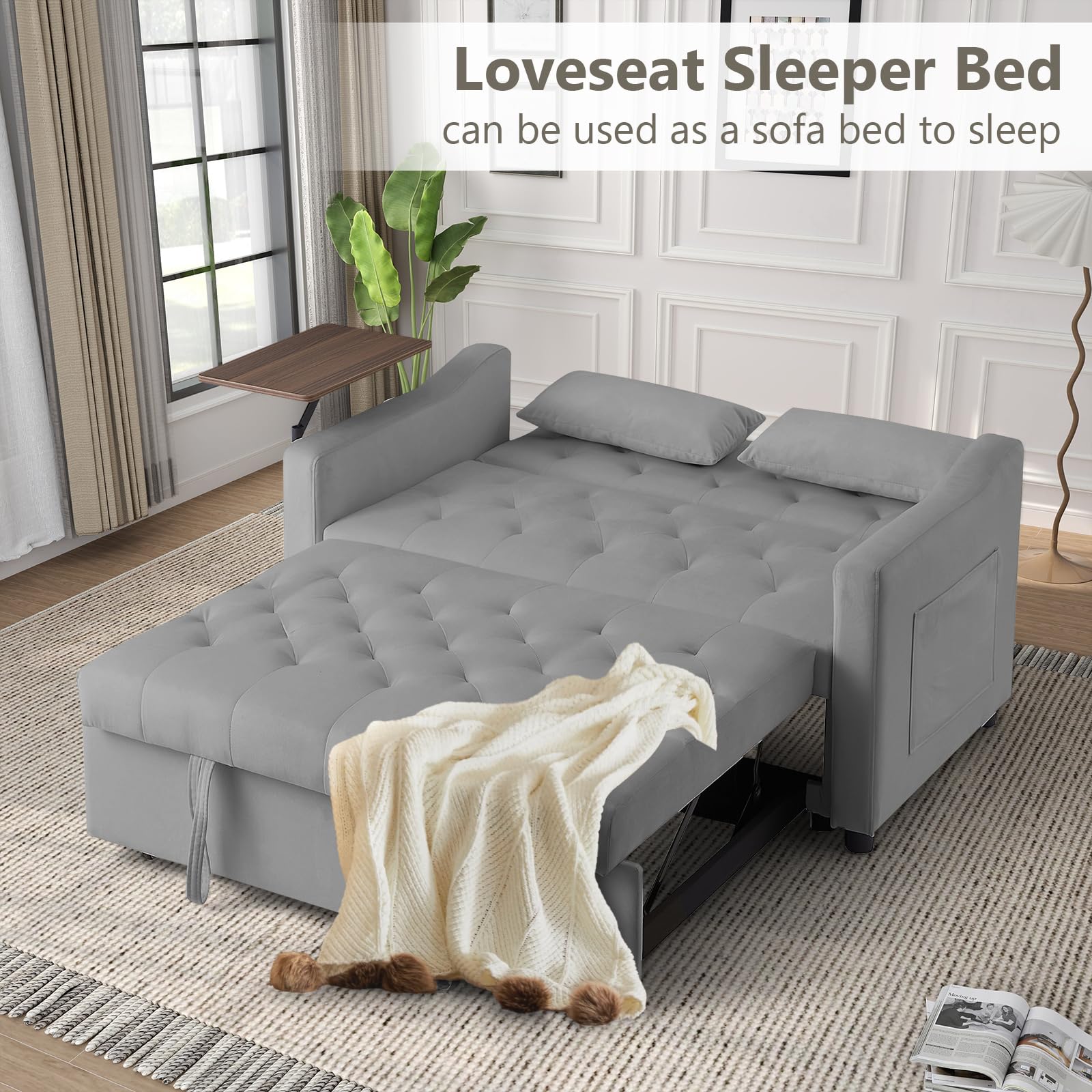 3-in-1 Convertible Loveseat Sleeper Sofa Bed, Pull-Out Couch with 3-Position Backrest & 360° Swivel Side Table, for Small Spaces, Grey