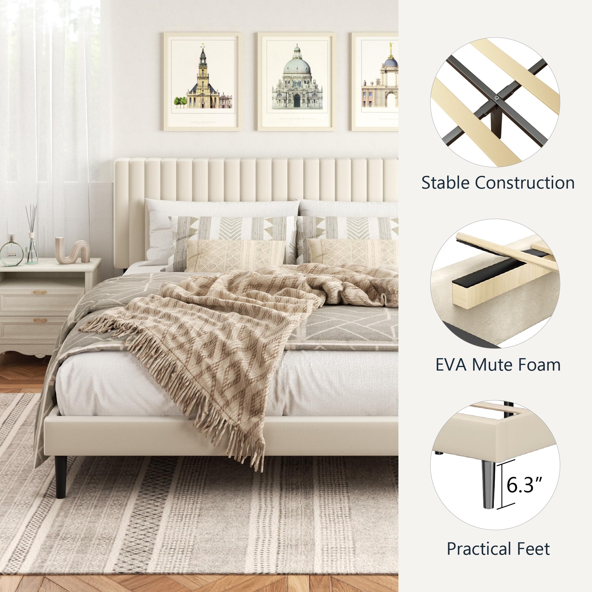 King Size Bed Frame,King Size Platform Bed Frame and Velvet Upholstered Headboard with Strong Wood Slats, Box Spring Optional, ,  Beige