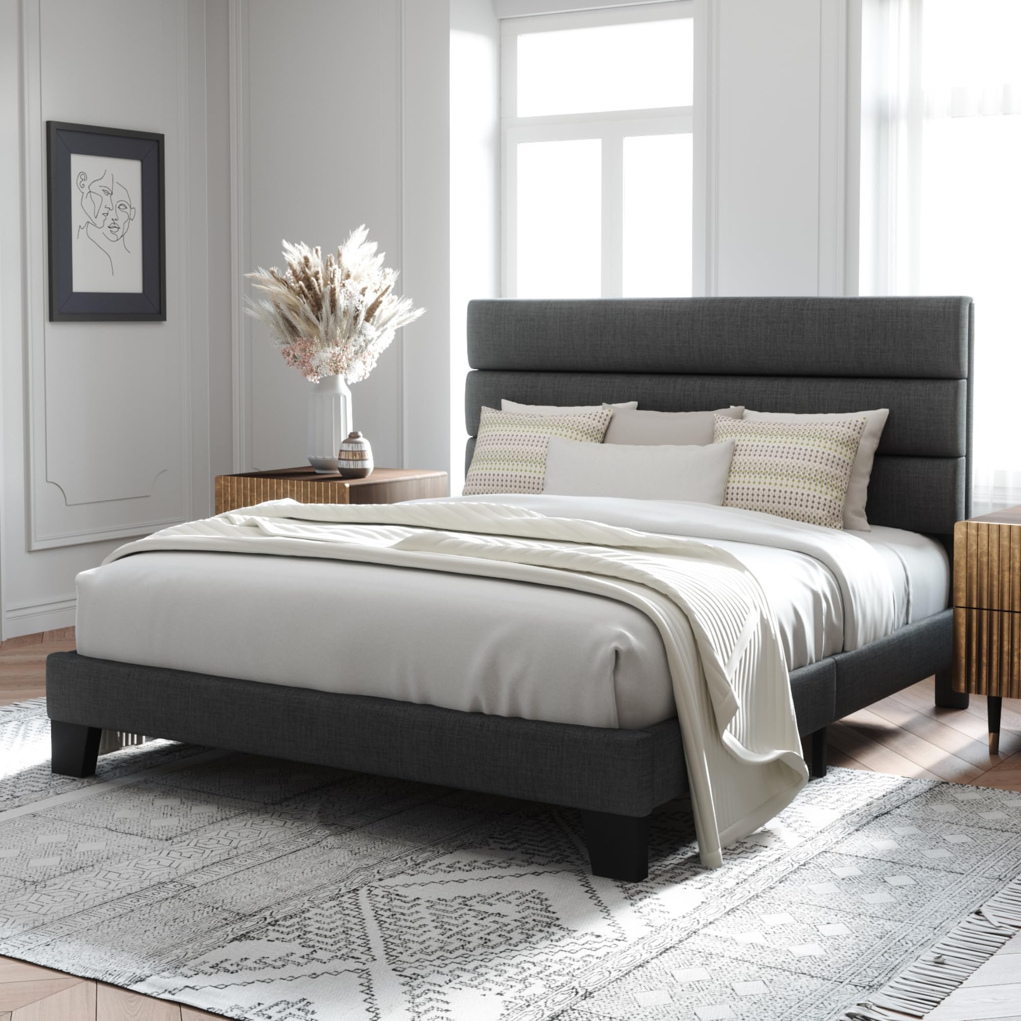 Queen Size Platform Bed Frame with Fabric Upholstered Headboard and Wooden Slats Support, Fully Upholstered Mattress Foundation//, Dark Grey