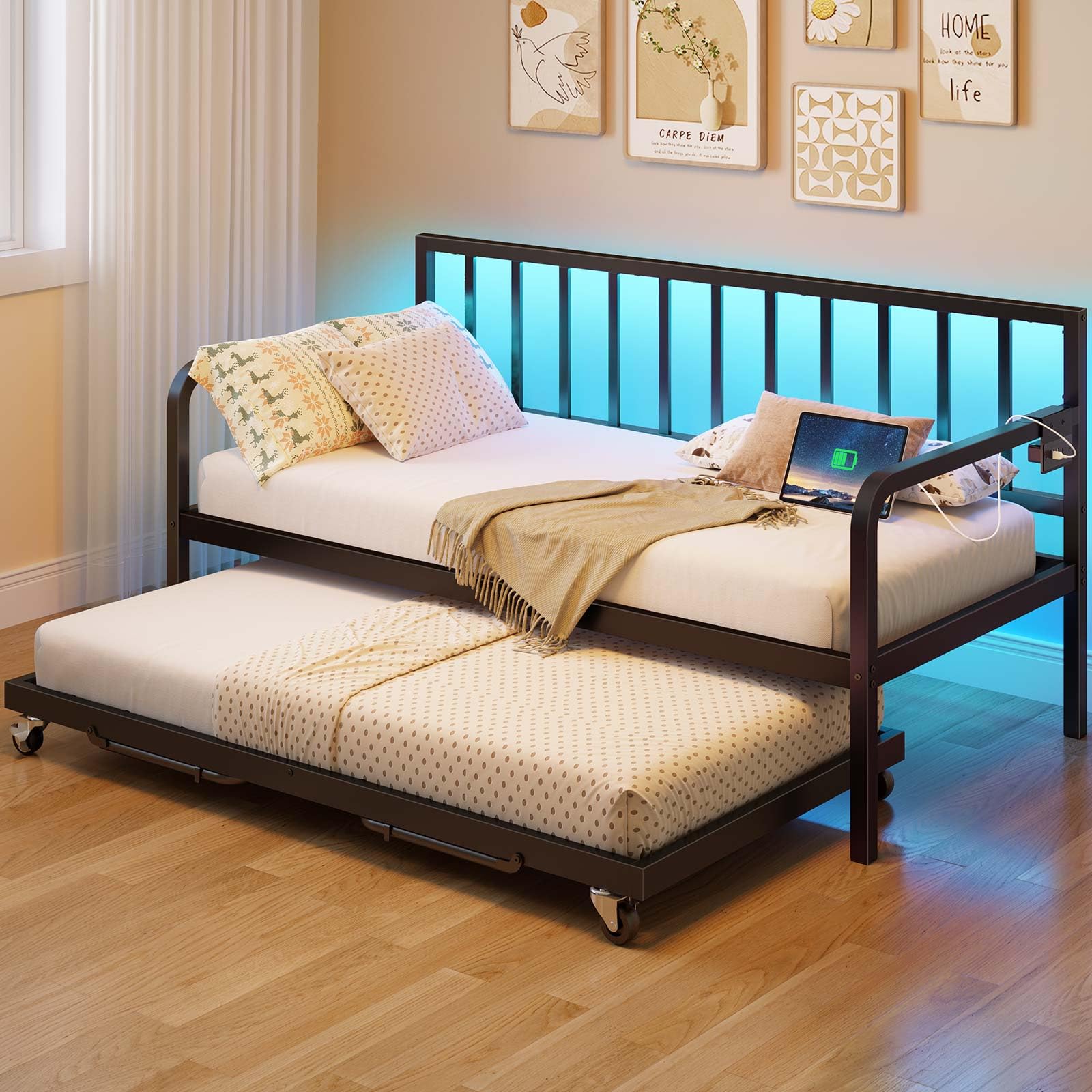 Twin Daybed with Trundle, Charging Station & LED Lights, Height Adjustable Metal Frame with Steel Slats for Bedroom, Black