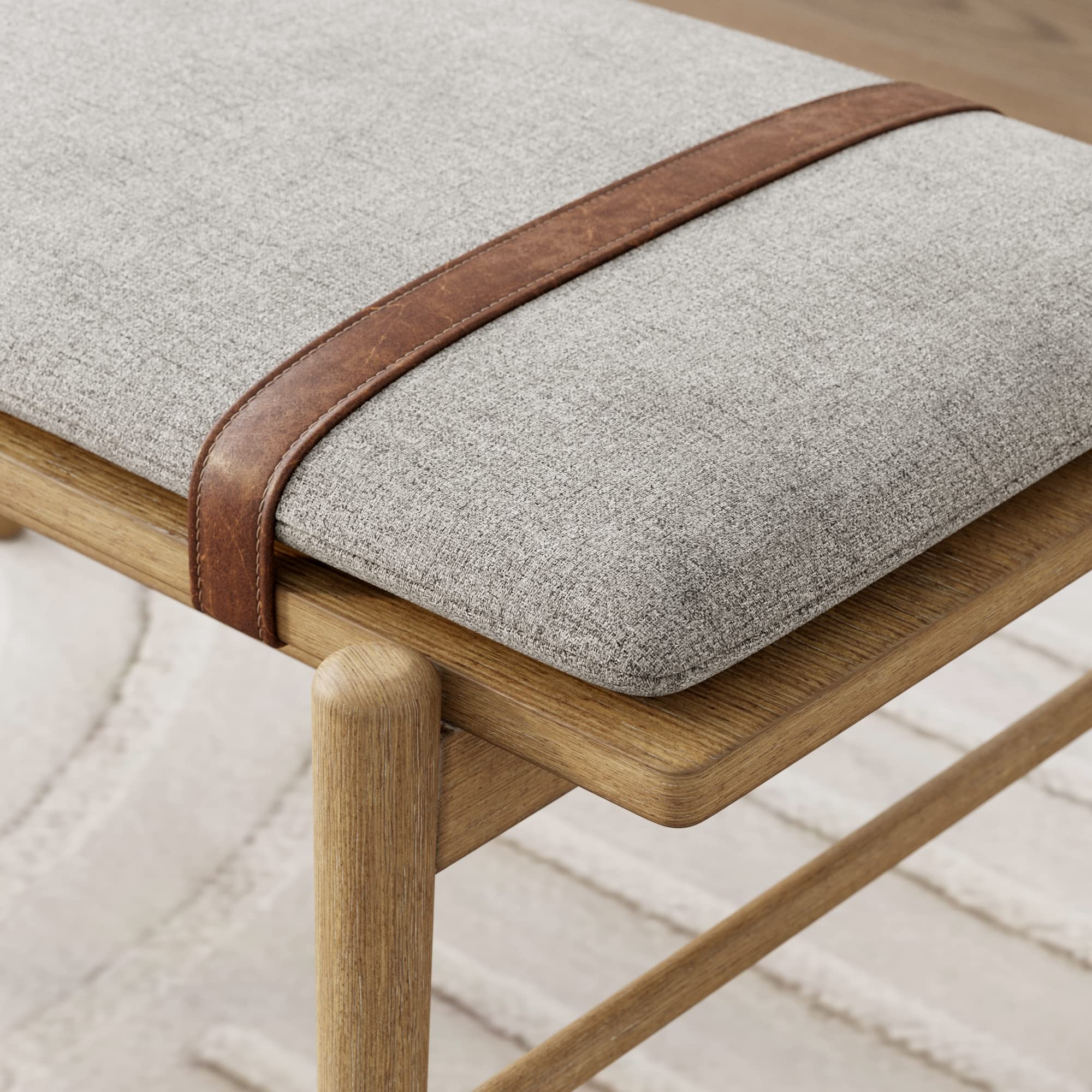 Gugan Mid-Century Wooden Bench Seat, End of Bed Bench with Removable Fabric Cushion for Indoor Dining Room, Bedroom and Entryway, Light Brown/Ivory