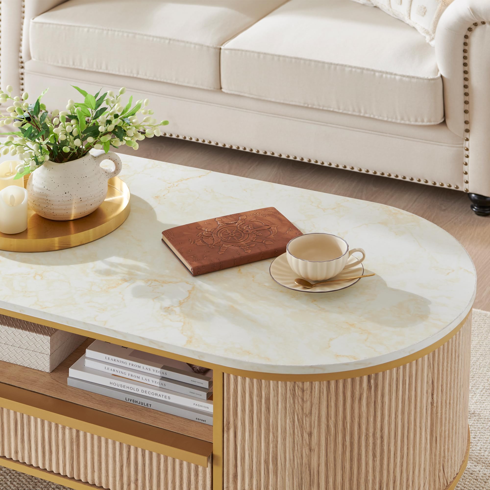 8" Modern Luxury Fluted Oval Coffee Table with Drawer, Faux Marble Top, Gold Metal Accent, Center Table for Living Room, Natural Oak