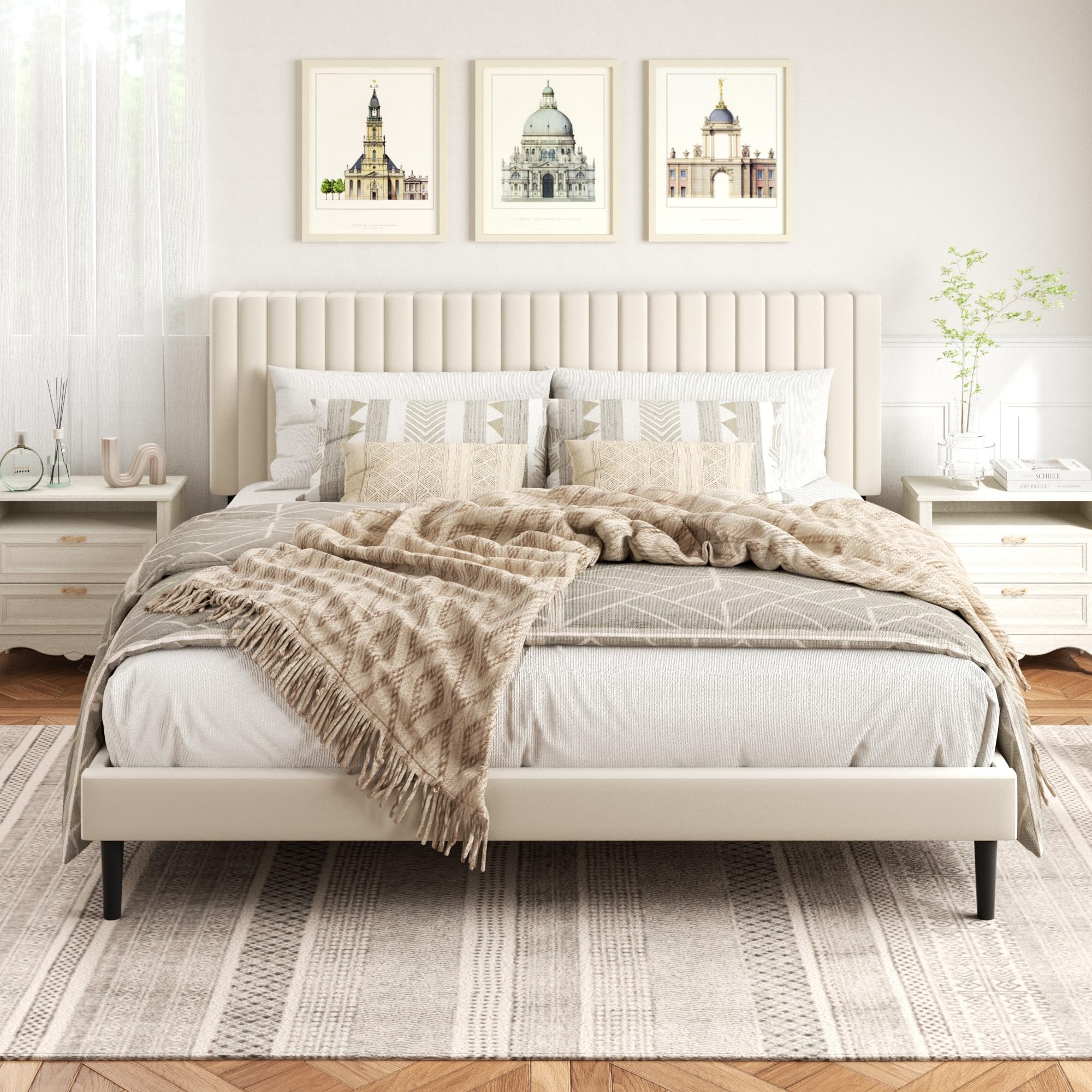 King Size Bed Frame,King Size Platform Bed Frame and Velvet Upholstered Headboard with Strong Wood Slats, Box Spring Optional, ,  Beige