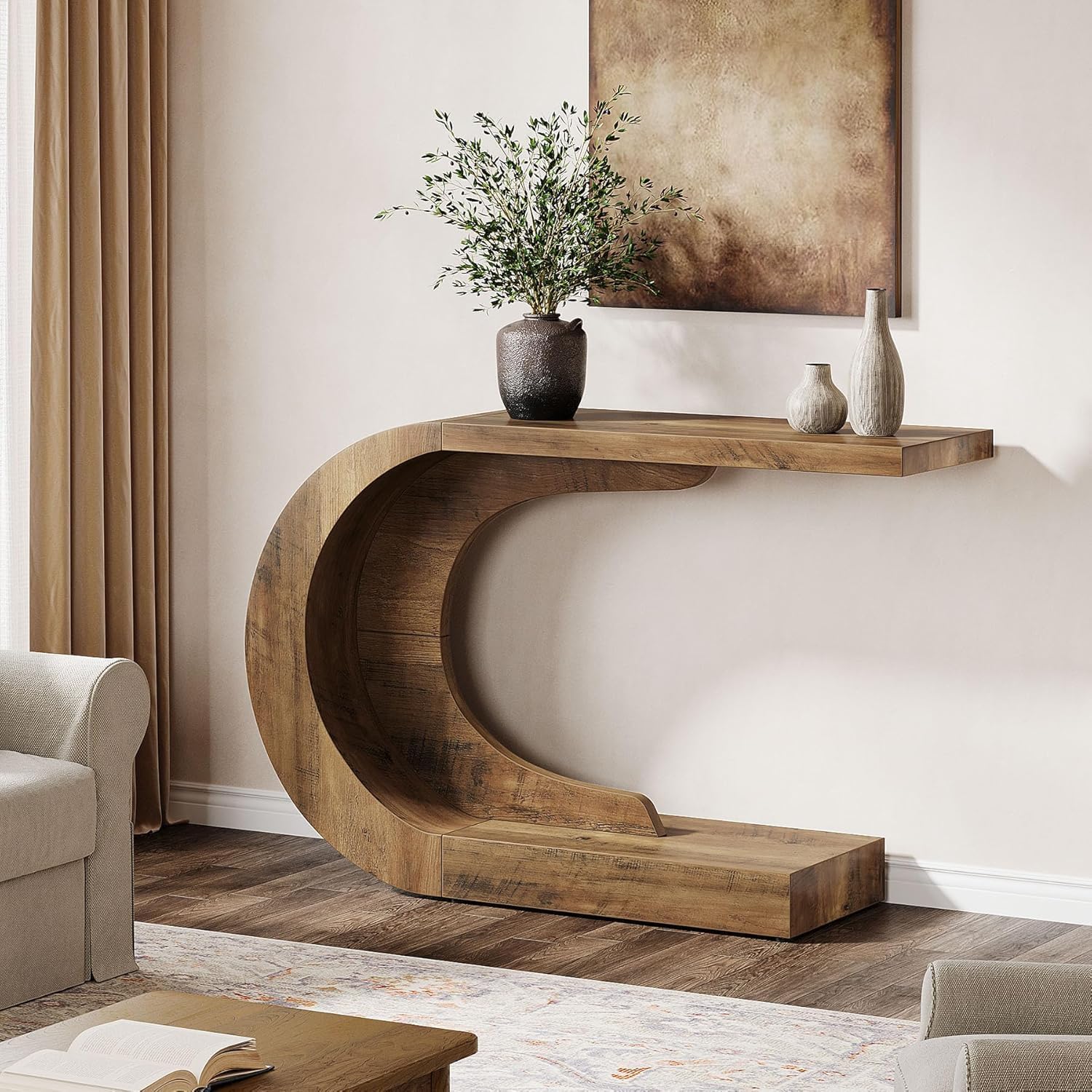 43.3" Mid-Century Modern Console Table for Entryway, Wood C-Shaped Hallway Entry Accent Table for Living Room, Entrance, Foyer, Easy Assembly, Brown