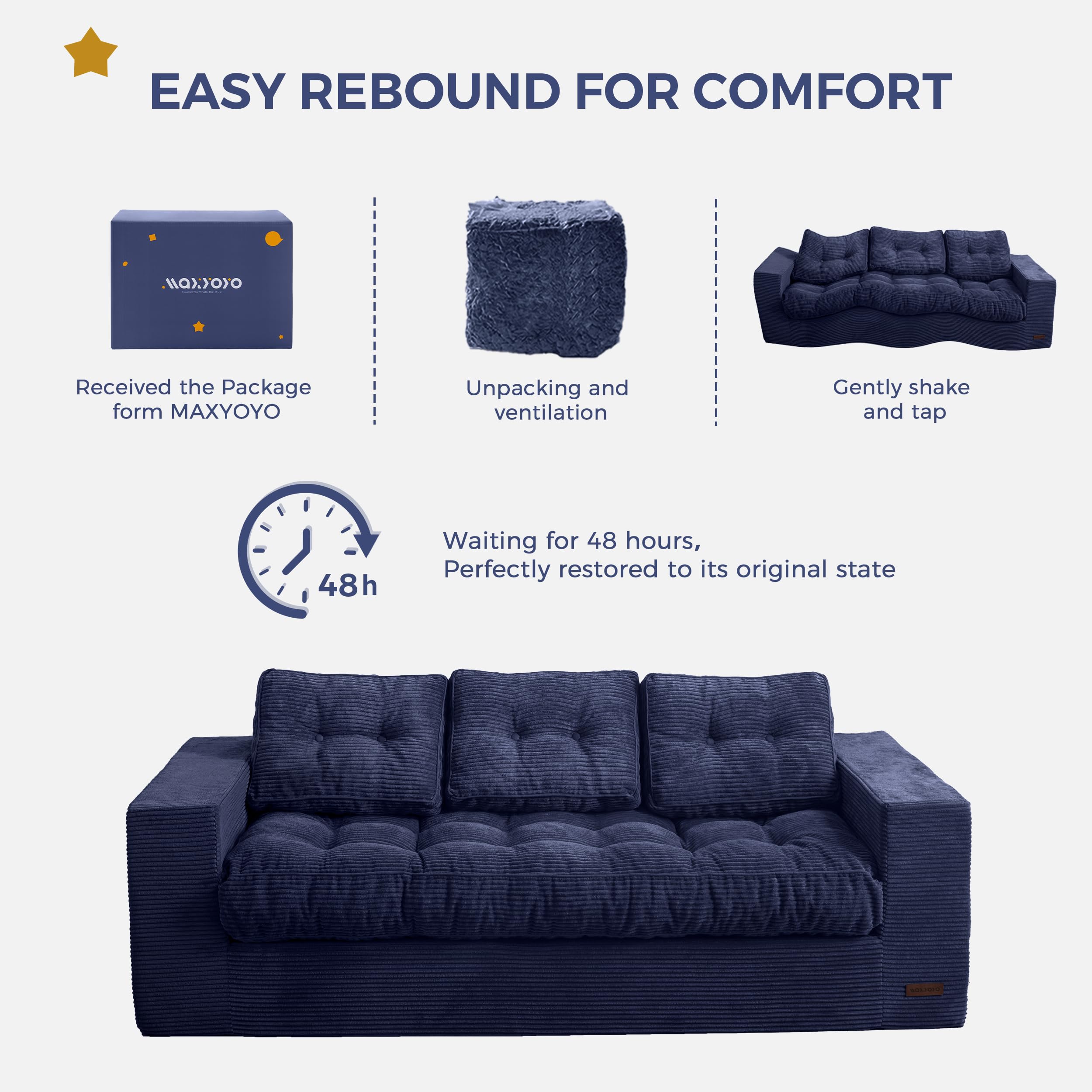 3 Seater Couch for Living Room, Boneless Couch with Tufted Cushion & Backrest, Upholstered Floor Sofa with Armrests, Sofa in A Box, No Assembly Required, Navy