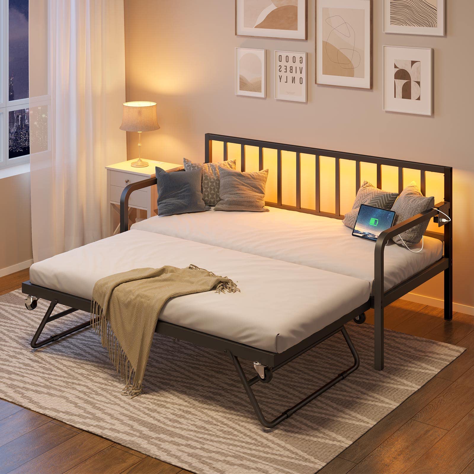Twin Daybed with Trundle, Charging Station & LED Lights, Height Adjustable Metal Frame with Steel Slats for Bedroom, Black
