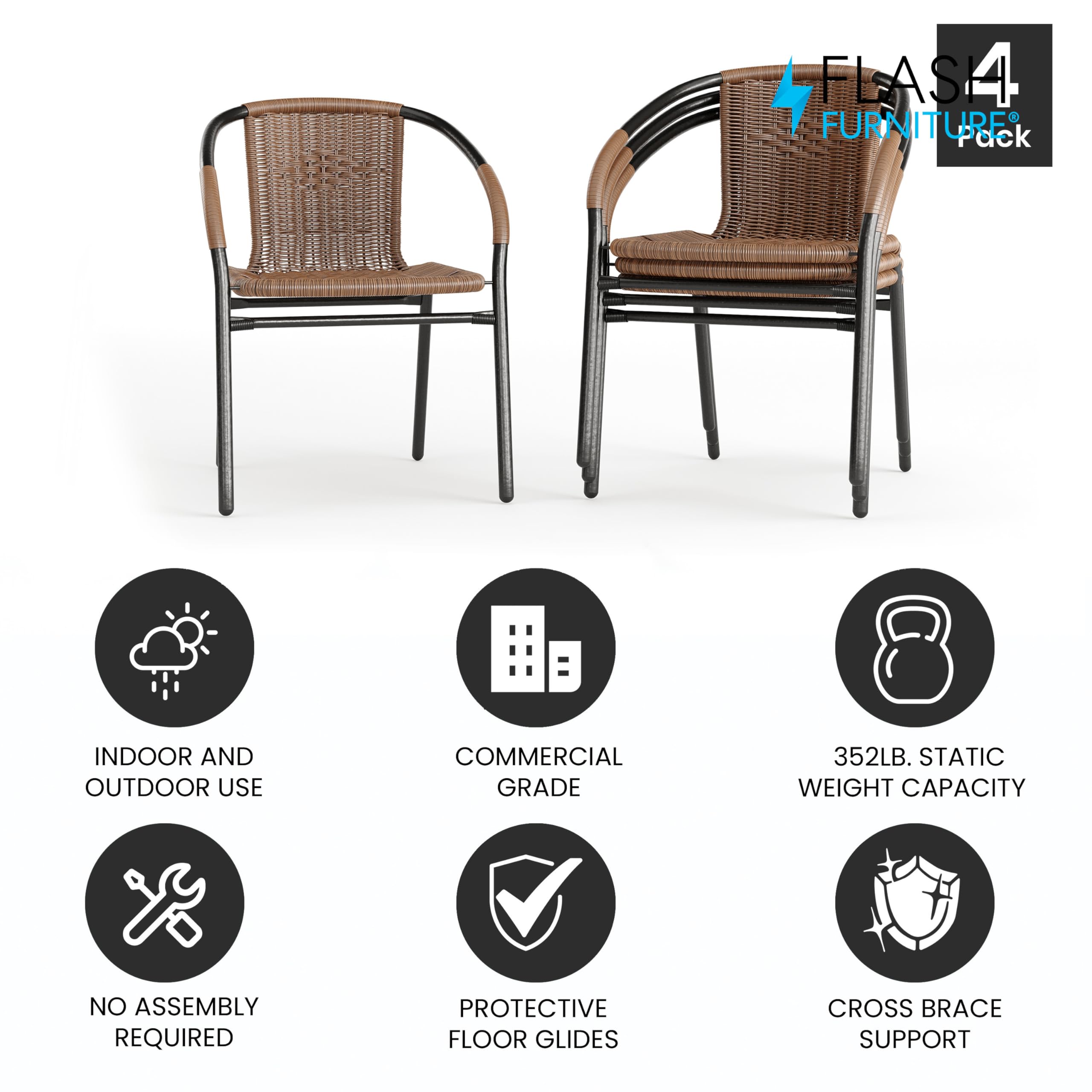 Lila Modern Rattan Stackable Dining Chairs, Indoor/Outdoor Bistro Chairs for Patio or Restaurant, Set of 4, Brown
