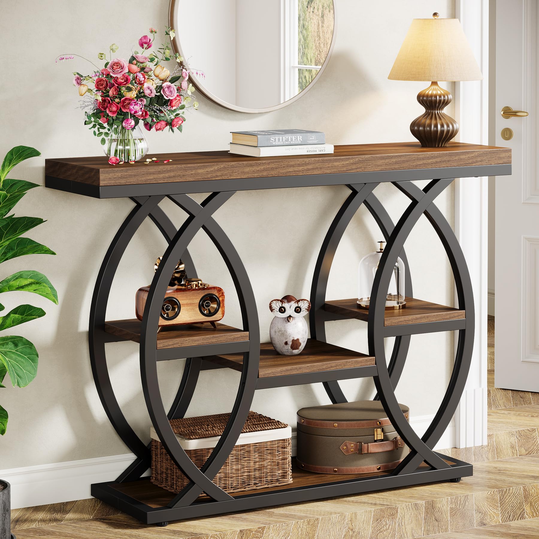 39.4" Industrial Console Table, 4-Tier Entryway Sofa Table with Storage Shelves, Narrow Wood Accent Table for Small Spaces, Rustic Brown