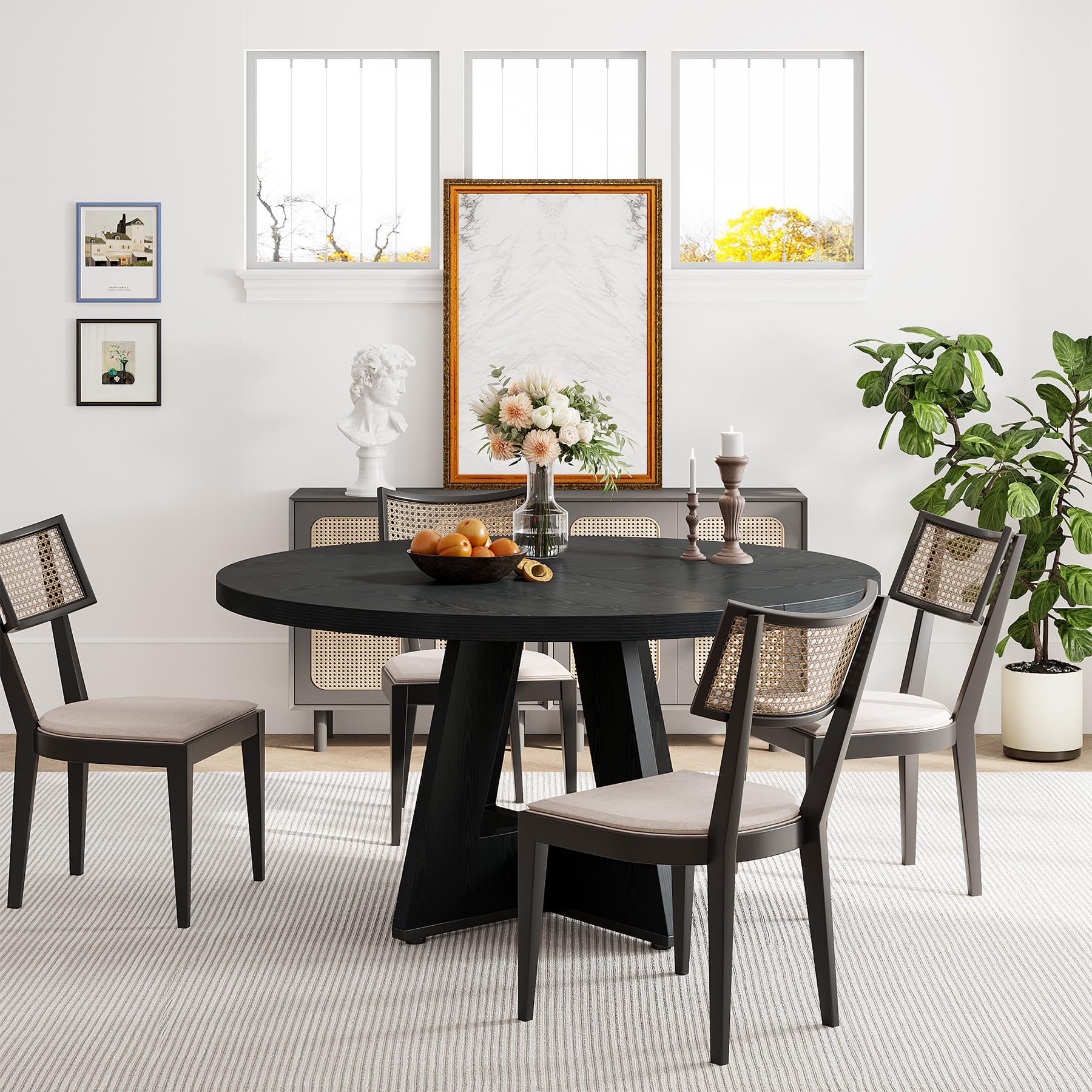 Round Dining Table Wood Kitchen Table for Dining Room, 47 in Dinning Room Tables for 4 Man, Farmhouse Dinner Table with Wooden Tabletop