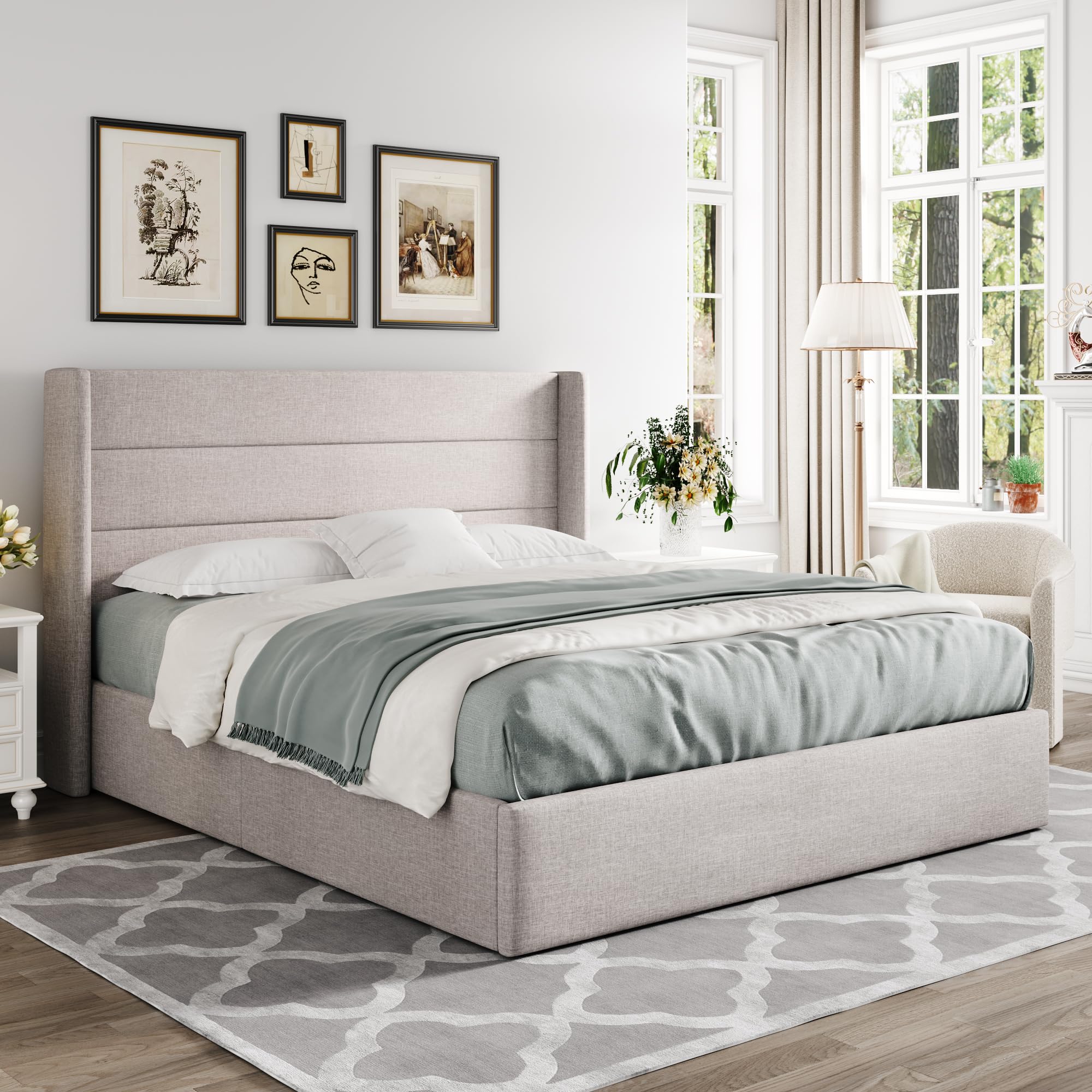Queen Size Lift Up Storage Bed, Modern Wingback Headboard, Hydraulic Support, No Box Spring Needed, Light Beige