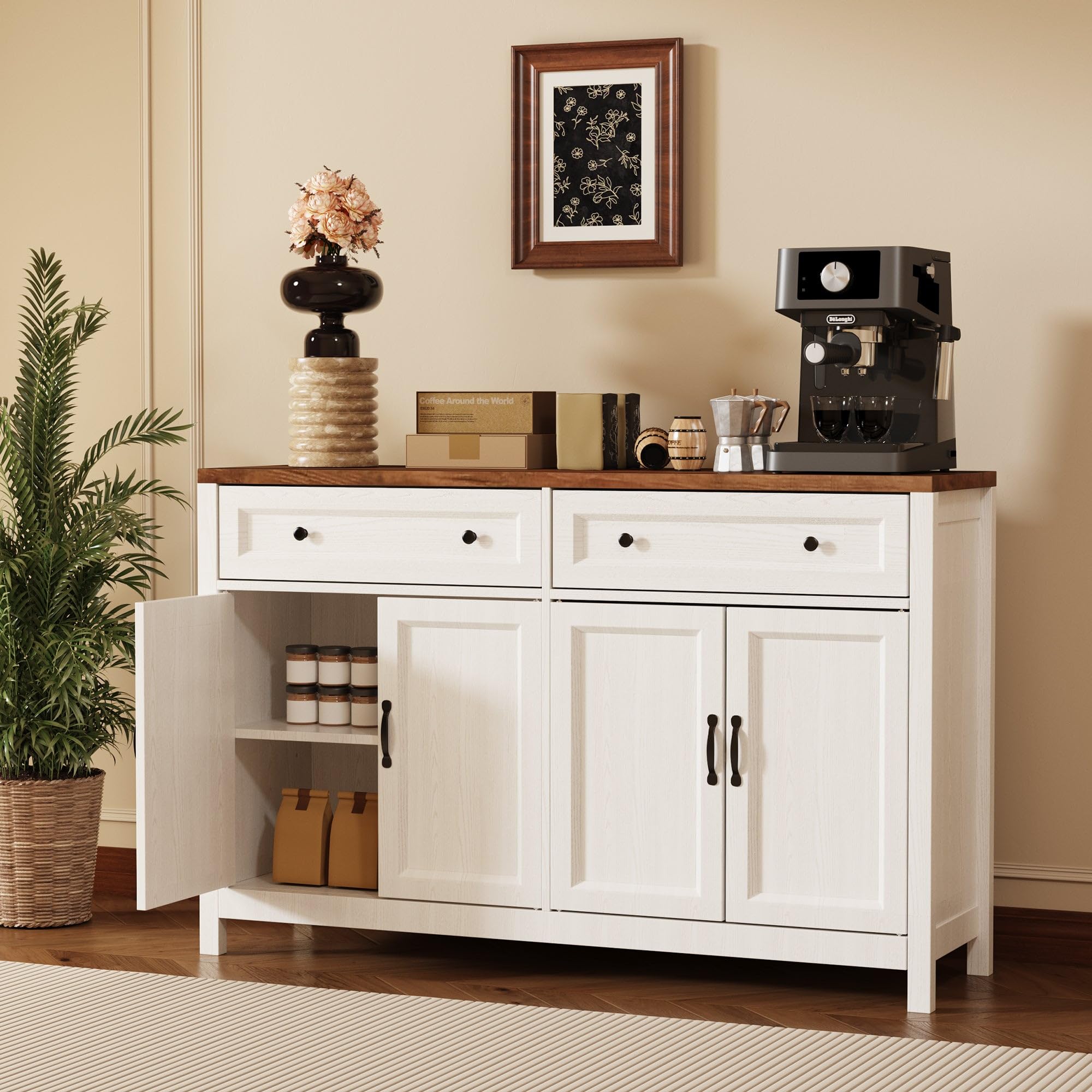 Farmhouse Kitchen Sideboard Buffet Cabinet with Storage, Wood Coffee Bar and Storage Sideboard with Drawers and Doors for Kitchen, Dining
