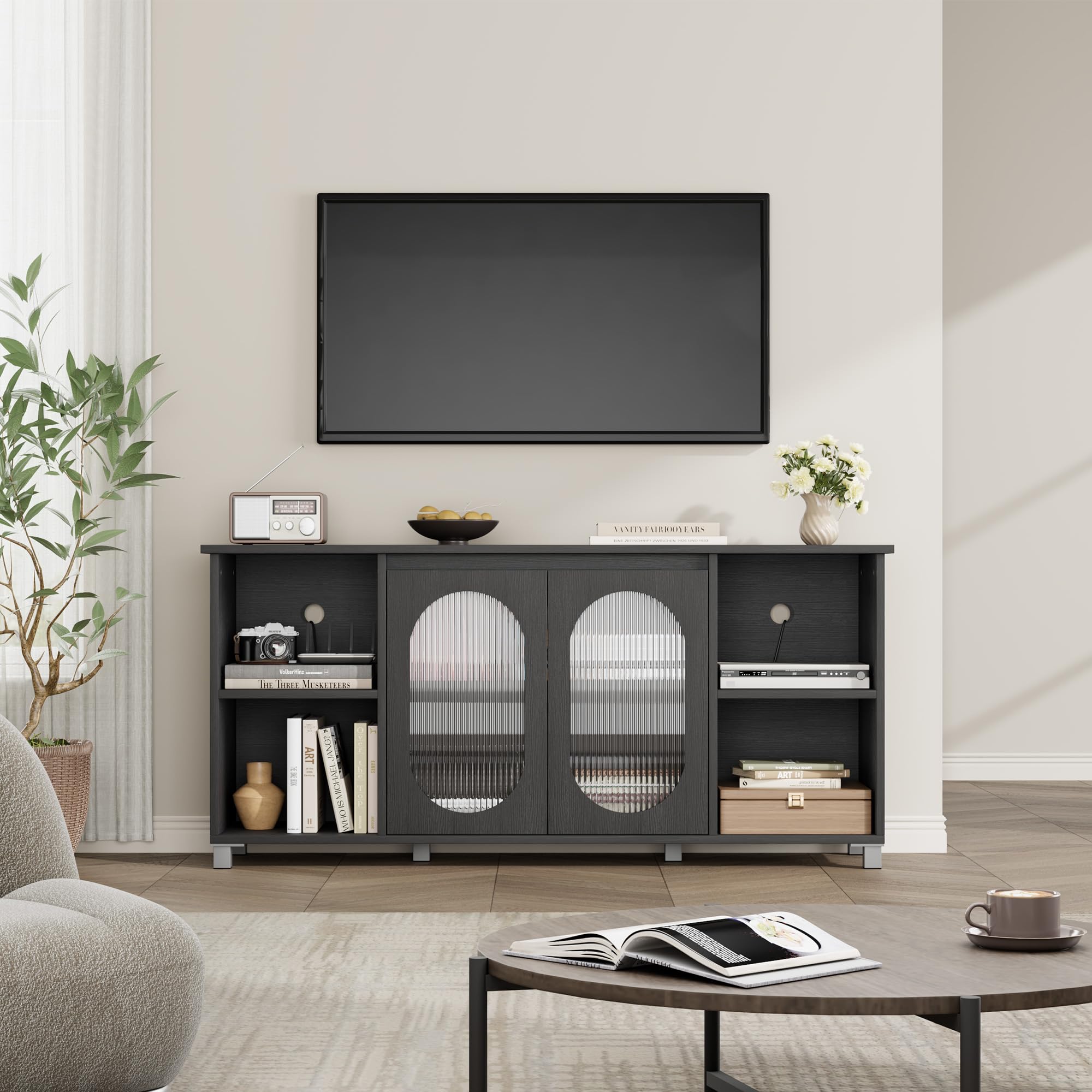 70-Inch TV Stand, Rustic Entertainment Center with Corrugated Glass Cabinet Doors, Media Console with Open Shelves for Living Room, Black