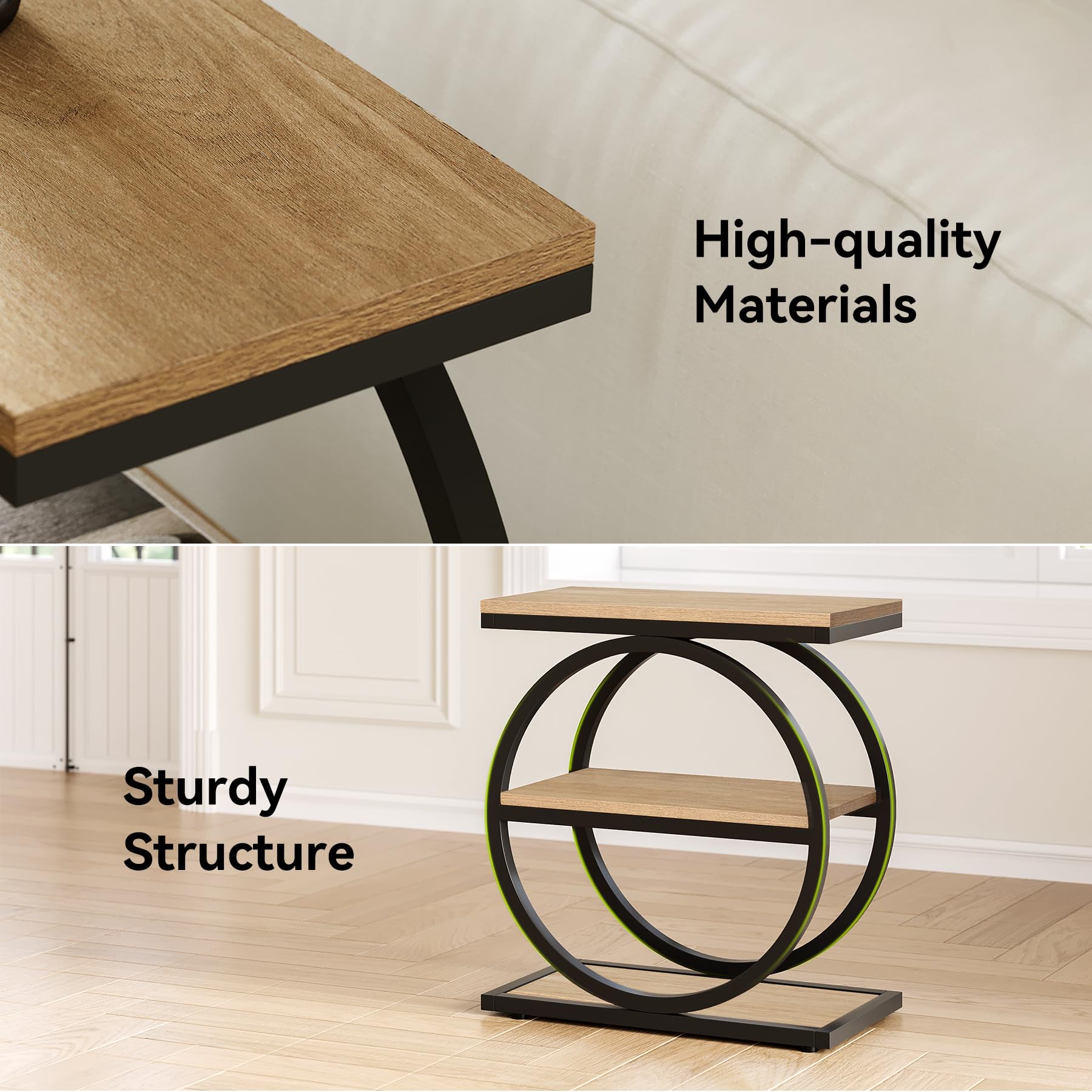 Set of 2 End Tables, 3-Tier Wooden Side Tables with Double Round Metal Legs, Slim Nightstands for Living Room, Bedroom, Oak Finish