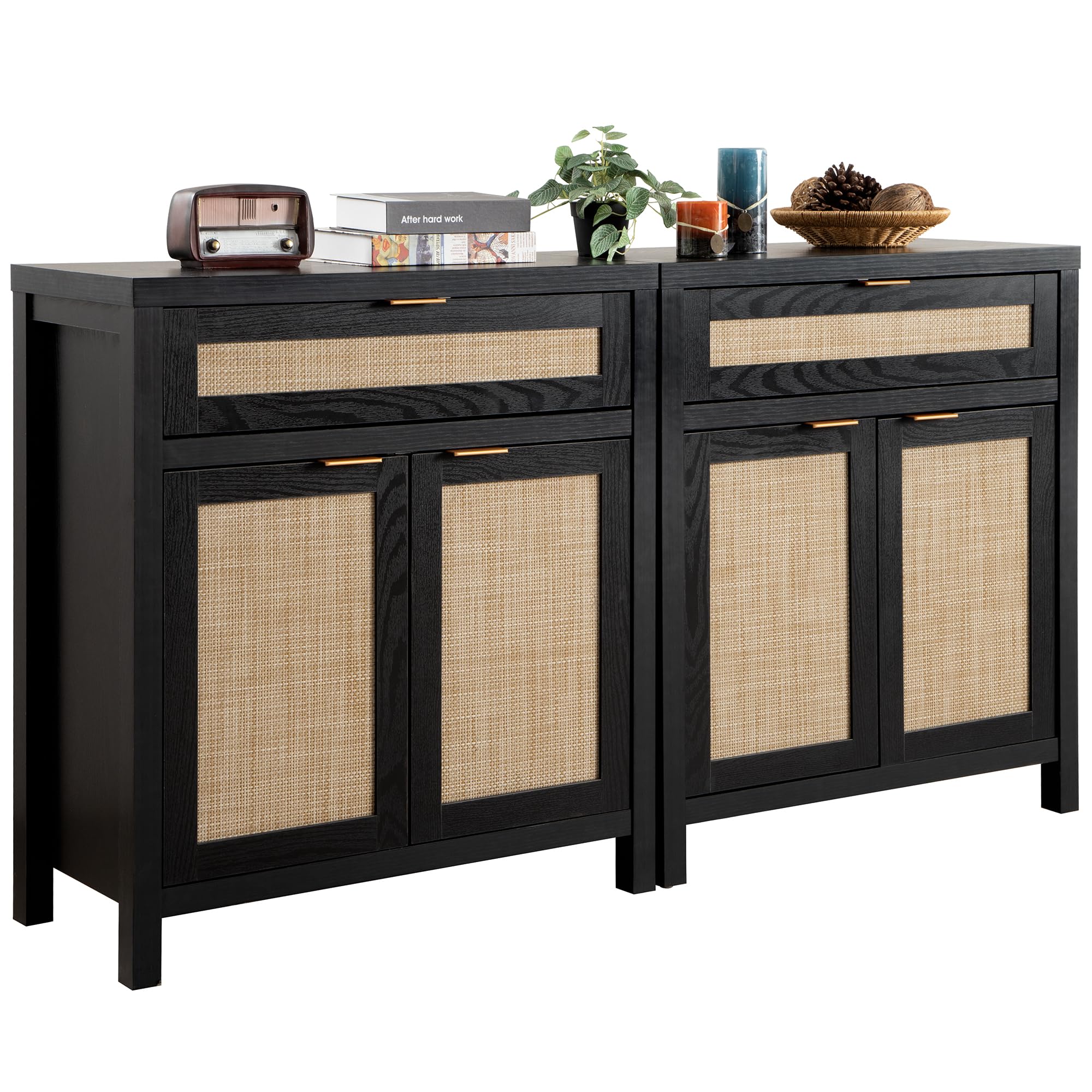 Sideboard Buffet Storage Cabinet Set of 2, Rattan Credenza Buffet Table, Modern Console Accent Cabinet with Doors and Drawer, Coffee Bar